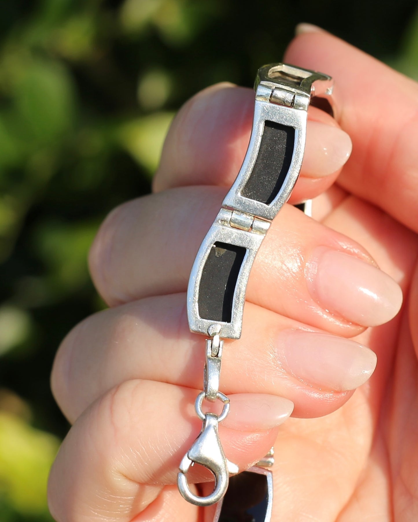 Black Panel Wavey Silver Bracelet, Sterling Silver, 18.3g, 19cm
