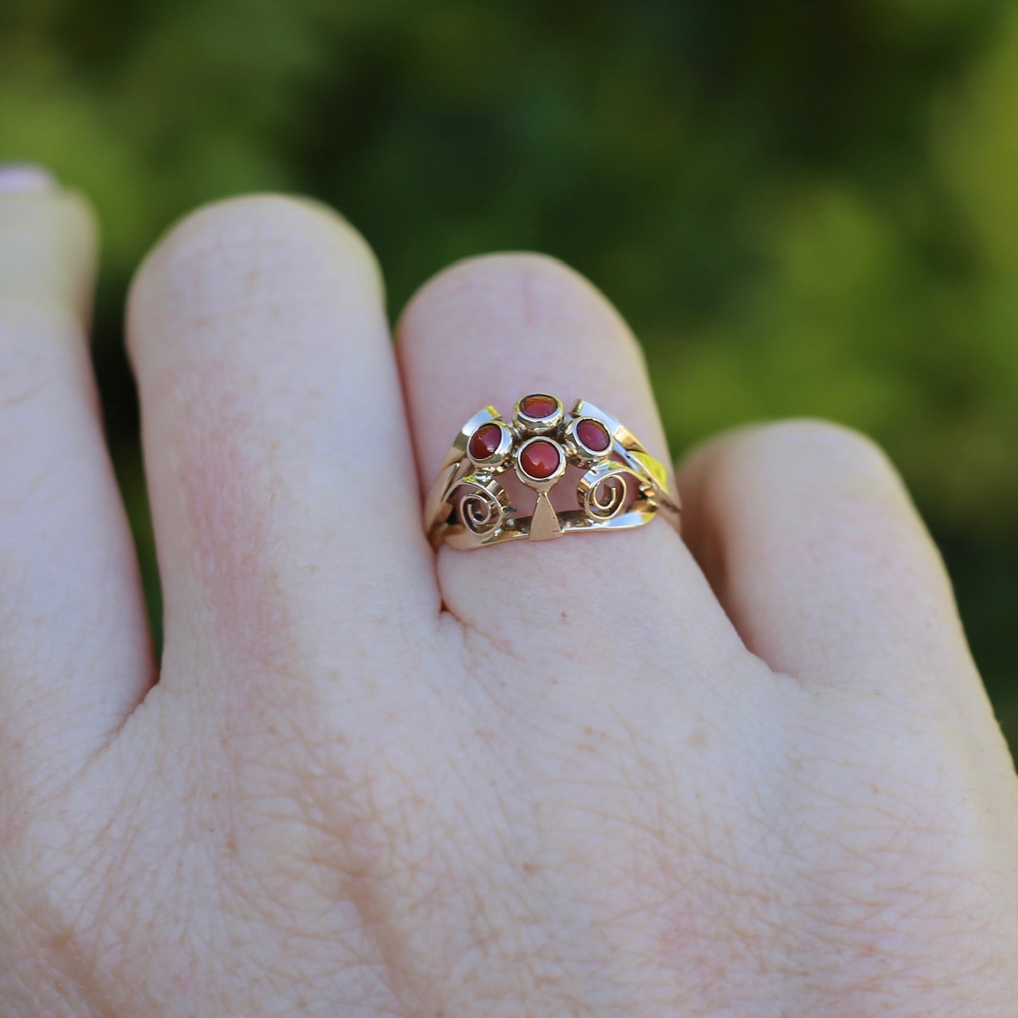Vintage Dutch Four Stone Coral Cabochon Filigree Ring, 14ct Yellow Gold, size N1/2 or 7