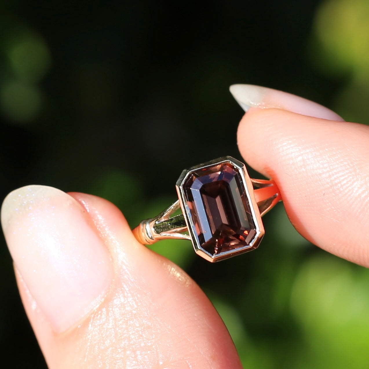 Custom Cut 4.36ct Octagonal Brown Zircon, Bezel Set, 9ct Yellow Gold, size L1/2 or 6