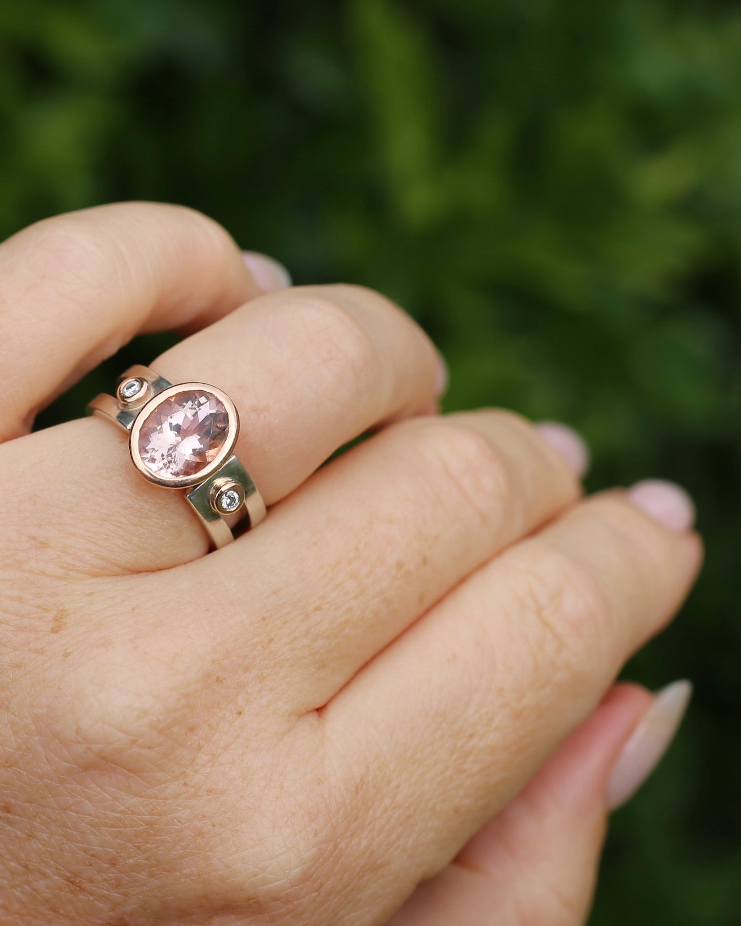 Chunky Bezel Set Morganite and Diamond Ring, 9ct Rose Gold and Silver, size P or 7.5 (fits smaller)