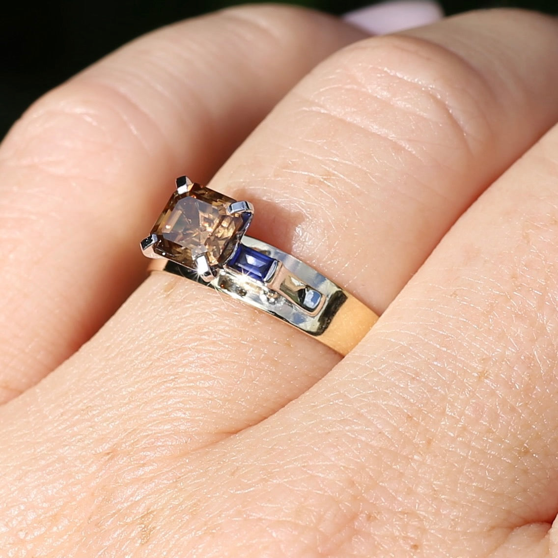 1.74ct Asscher Cut Cognac Zircon with Baguette Synthetic Sapphires in Mixed White and Yellow Gold 9ct Ring, size 8.75 or just over R