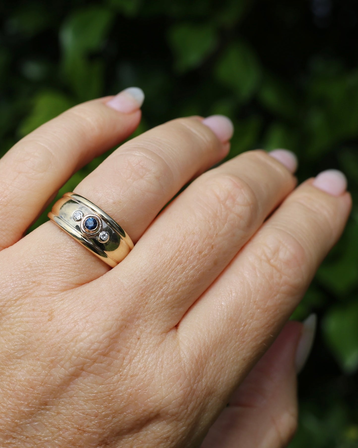 Bezel Set Parti Sapphire and Diamond Trilogy, Chunky Yellow Gold, size O1/2 or 7.5 (will fit smaller due to width)