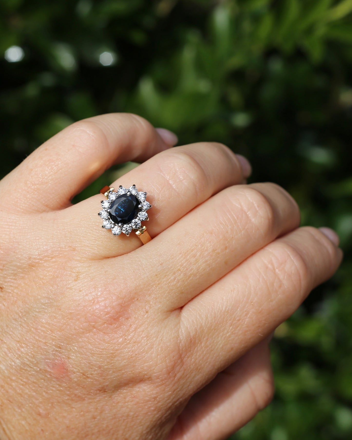 Vintage c1980s Diana Halo, Natural Sapphire and Diamond Halo, 18ct Yellow and White Gold, size P or 7.75 with valuation
