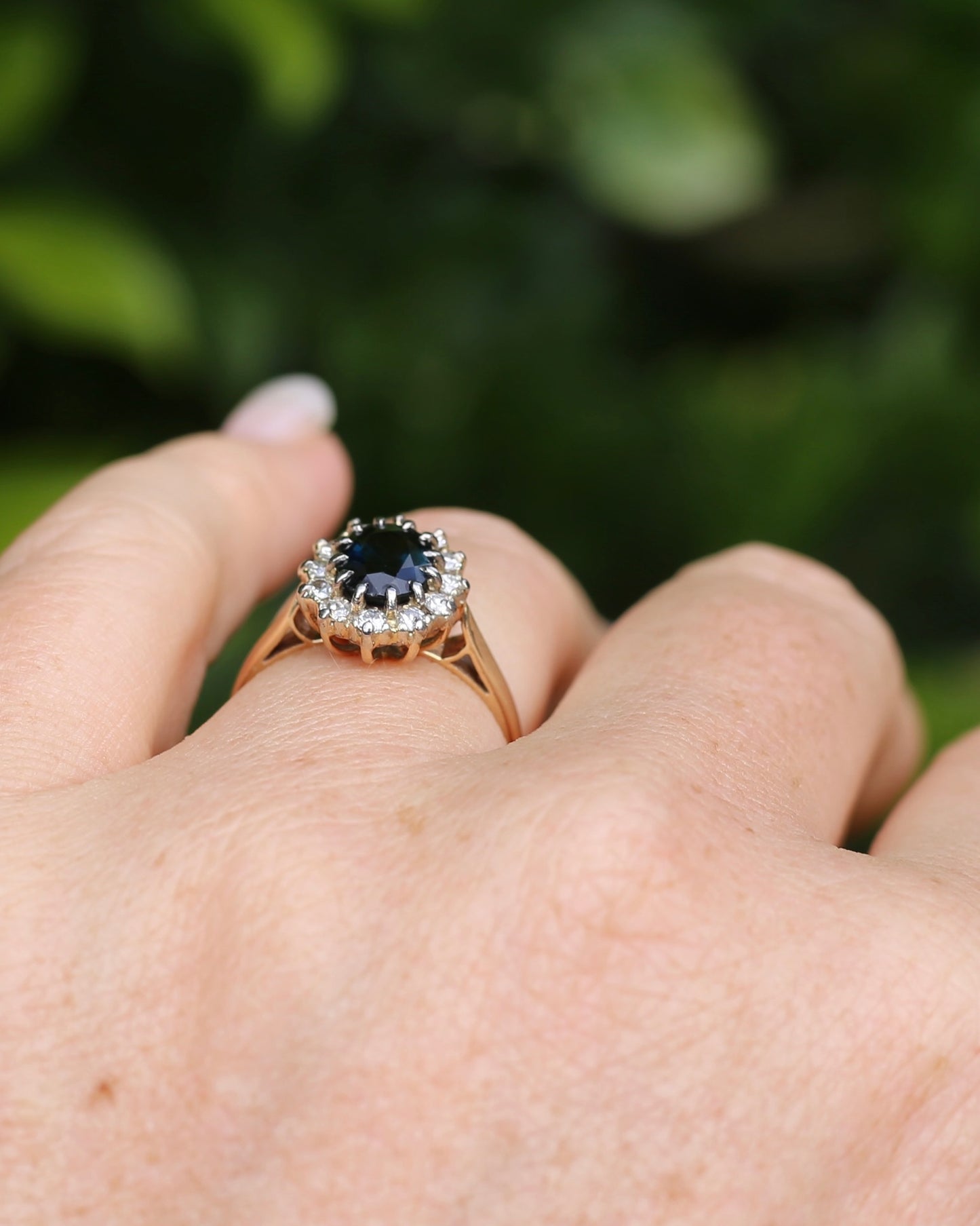 Vintage Natural Sapphire and Diamond Halo, 9ct Yellow and White Gold, size N1/2 or 7