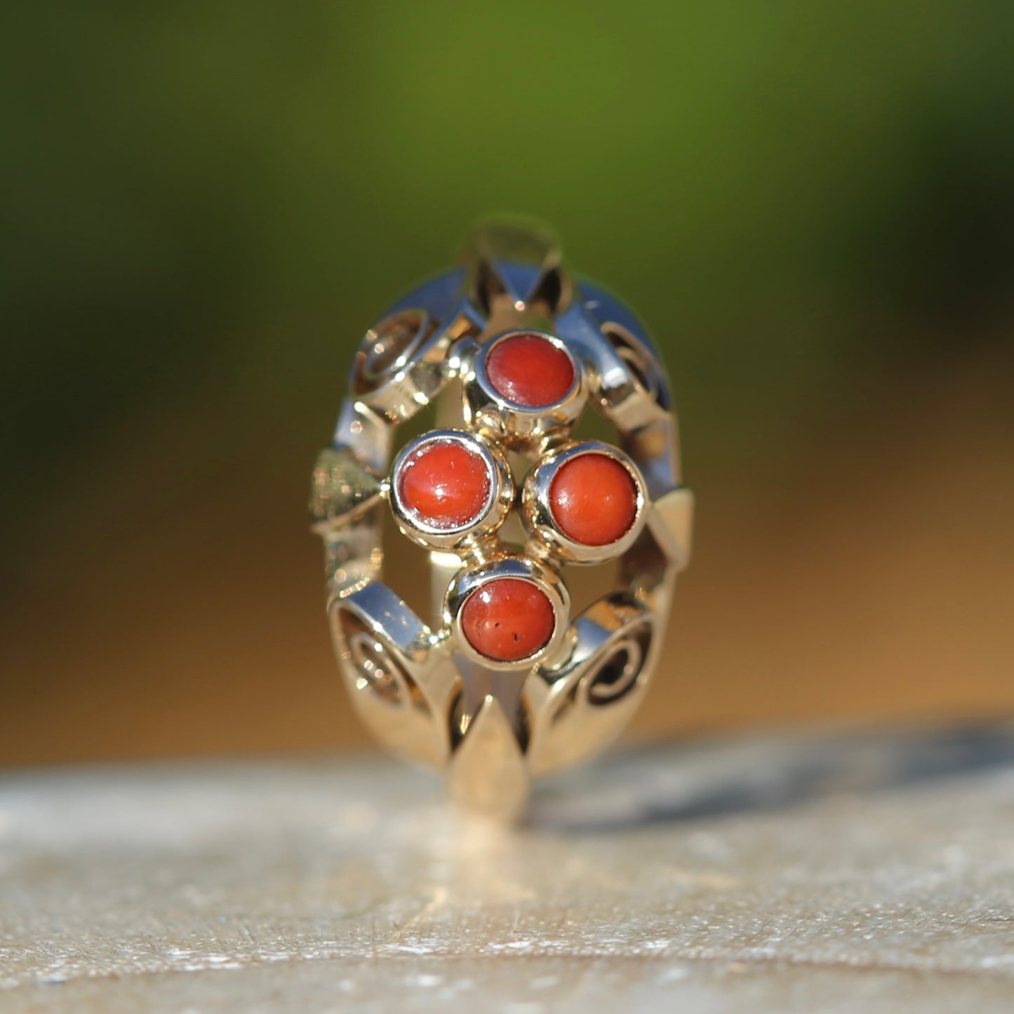 Vintage Dutch Four Stone Coral Cabochon Filigree Ring, 14ct Yellow Gold, size N1/2 or 7