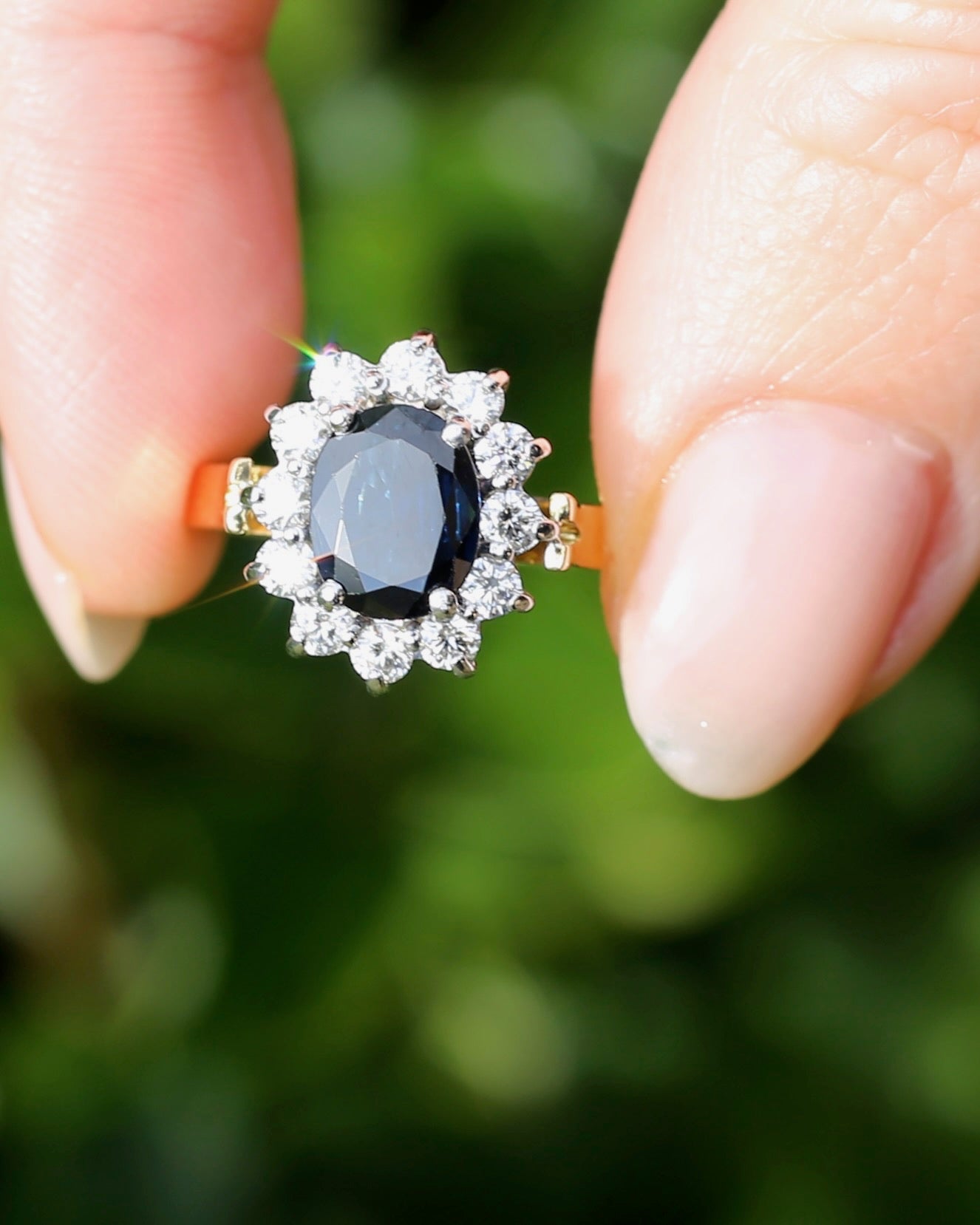 Vintage c1980s Diana Halo, Natural Sapphire and Diamond Halo, 18ct Yellow and White Gold, size P or 7.75 with valuation