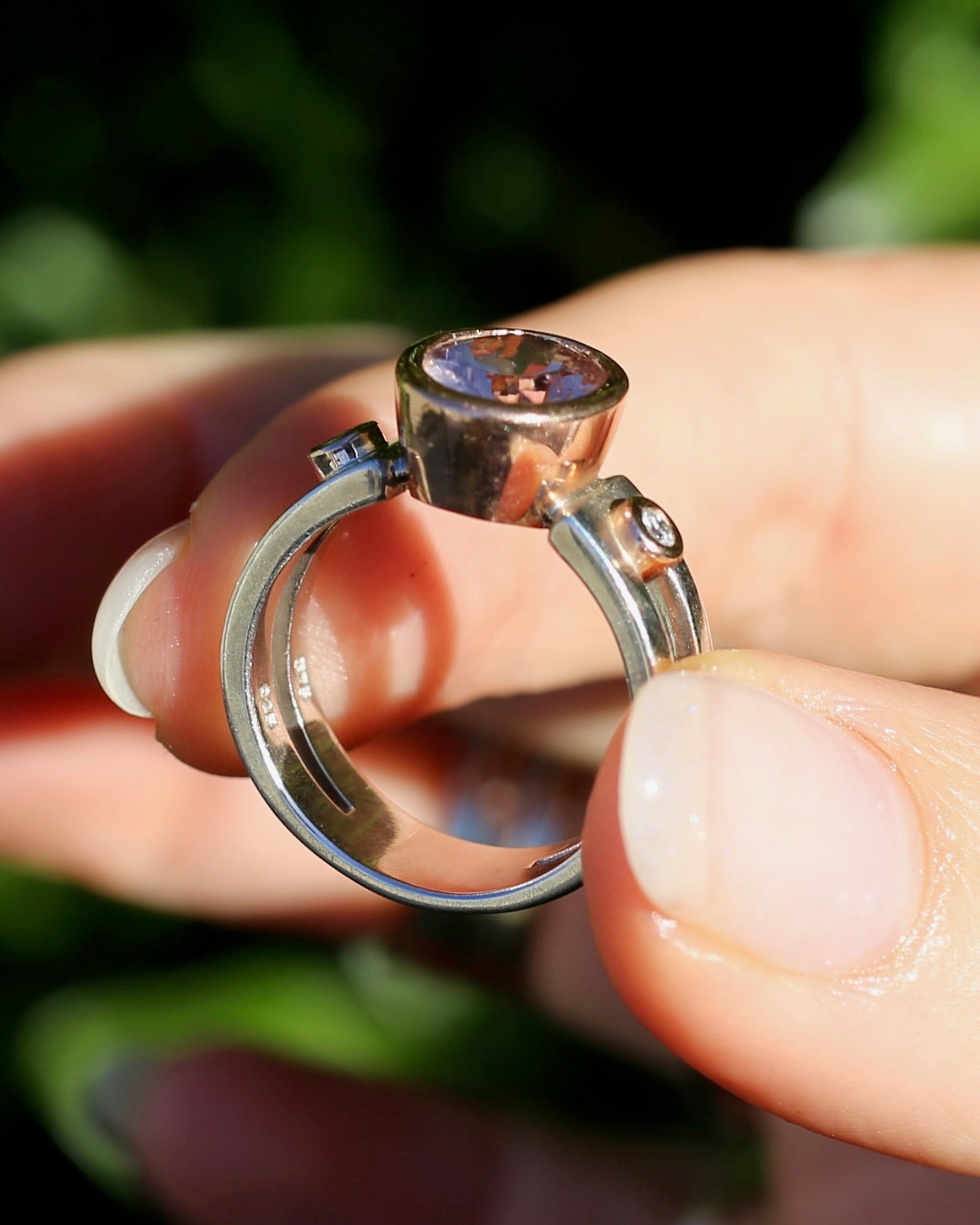 Chunky Bezel Set Morganite and Diamond Ring, 9ct Rose Gold and Silver, size P or 7.5 (fits smaller)