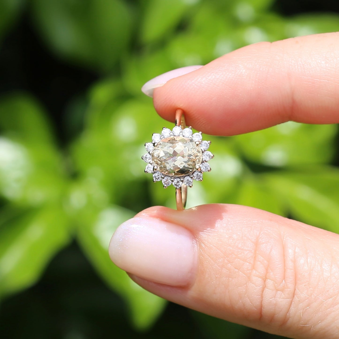 1.47ct Rare Light Pinkish Yellow Feldspar (Orthoclase) with Diamond Halo, 9ct Yellow Gold, size M or 6.25, with valuation