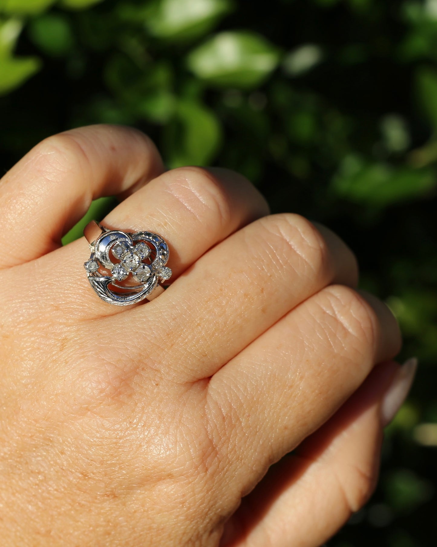 Old Cut and Early Brilliant Cluster Clover Ring, 9ct White Gold, size O or 7