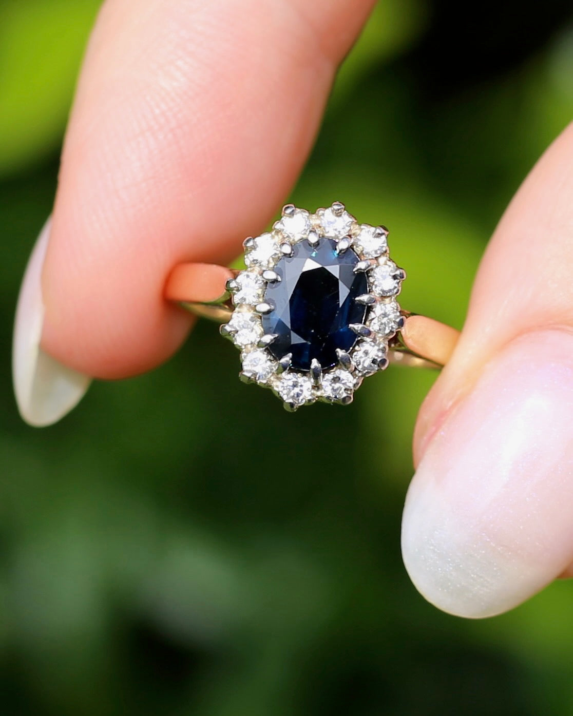 Vintage Natural Sapphire and Diamond Halo, 9ct Yellow and White Gold, size N1/2 or 7