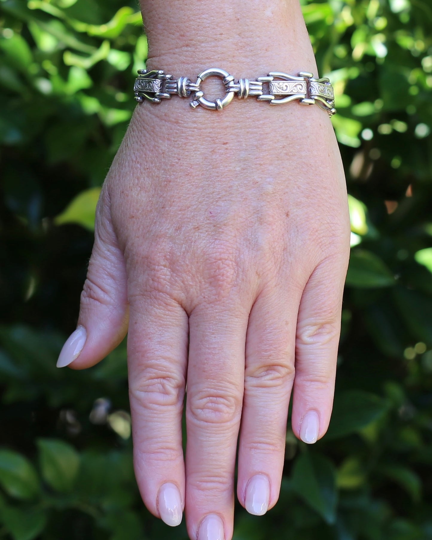 Fancy Link Engraved Bracelet, Sterling Silver, With Italian Bolt Clasp, 24.3g, 19cm