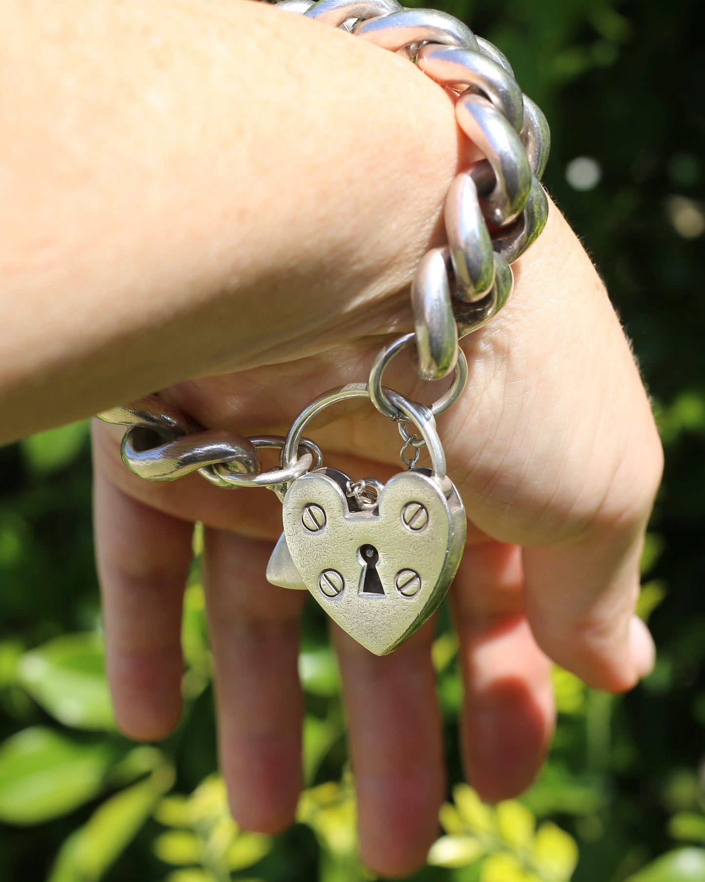 Australian Designer Very Chunky Semi Hollow Curb Link Bracelet with Heart Padlock, 84.2g