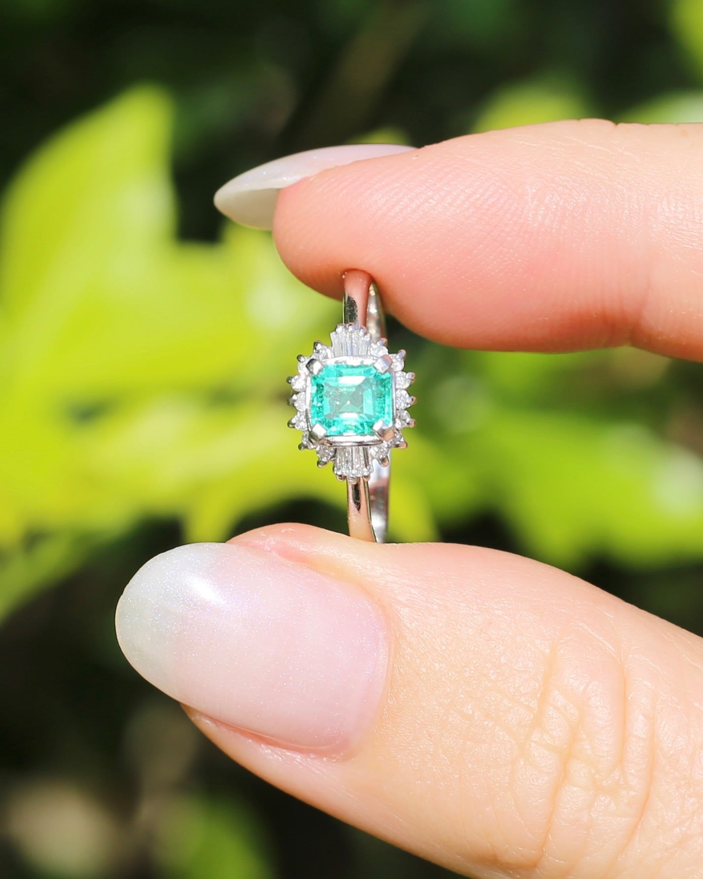 Natural Square Step Cut Emerald and Diamond Baguette Ballerina Skirt, Platinum Ring, size O or 7.25