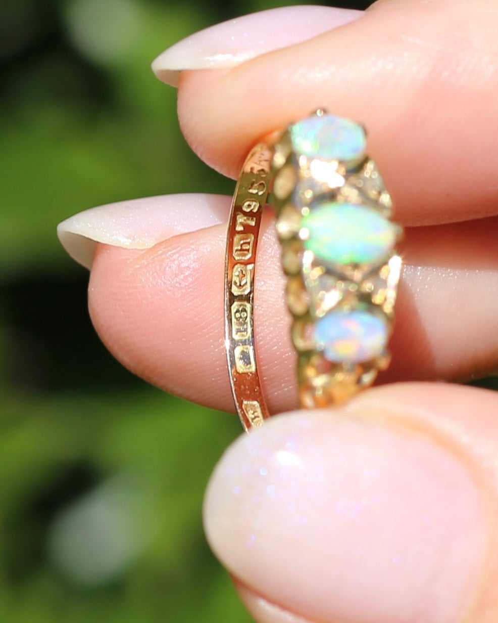 ON HOLD Antique 1907 Opal and Rose Cut Diamond Bridges Ring, 18ct Yellow Gold, size 8 or Q