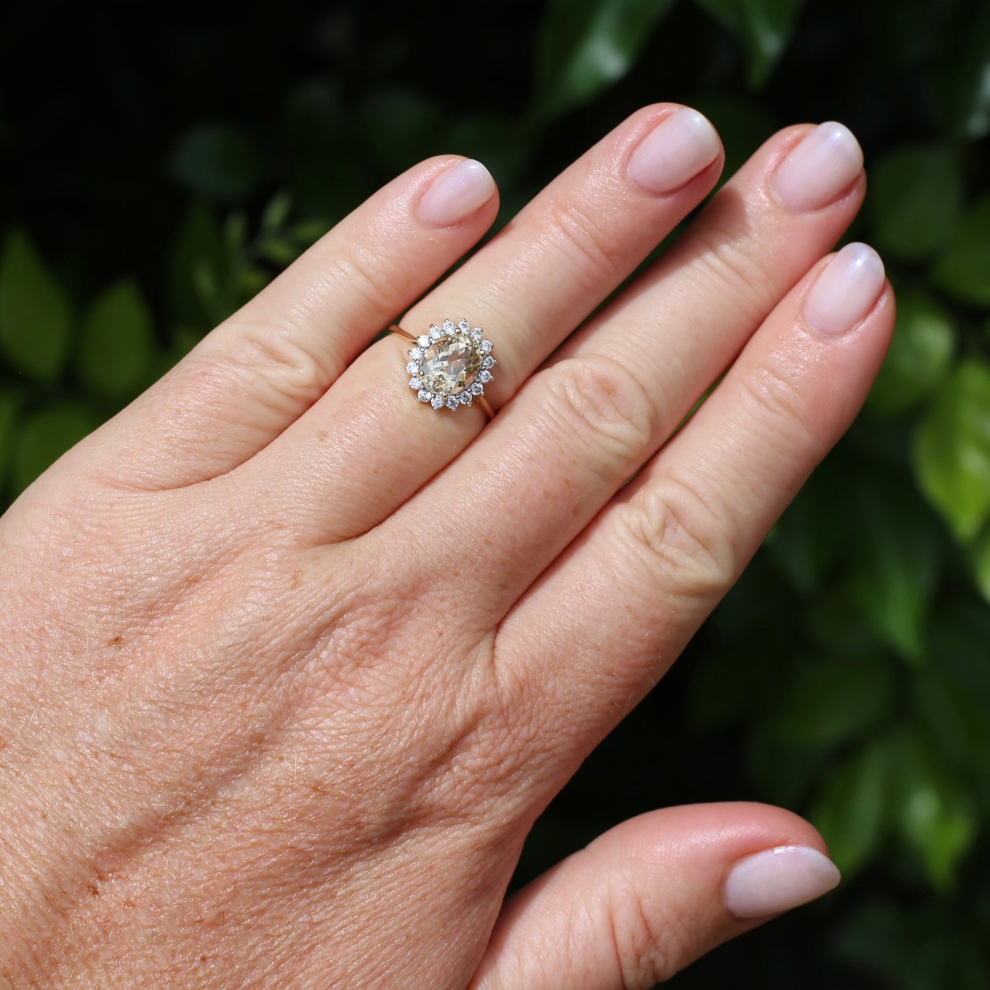 1.47ct Rare Light Pinkish Yellow Feldspar (Orthoclase) with Diamond Halo, 9ct Yellow Gold, size M or 6.25, with valuation