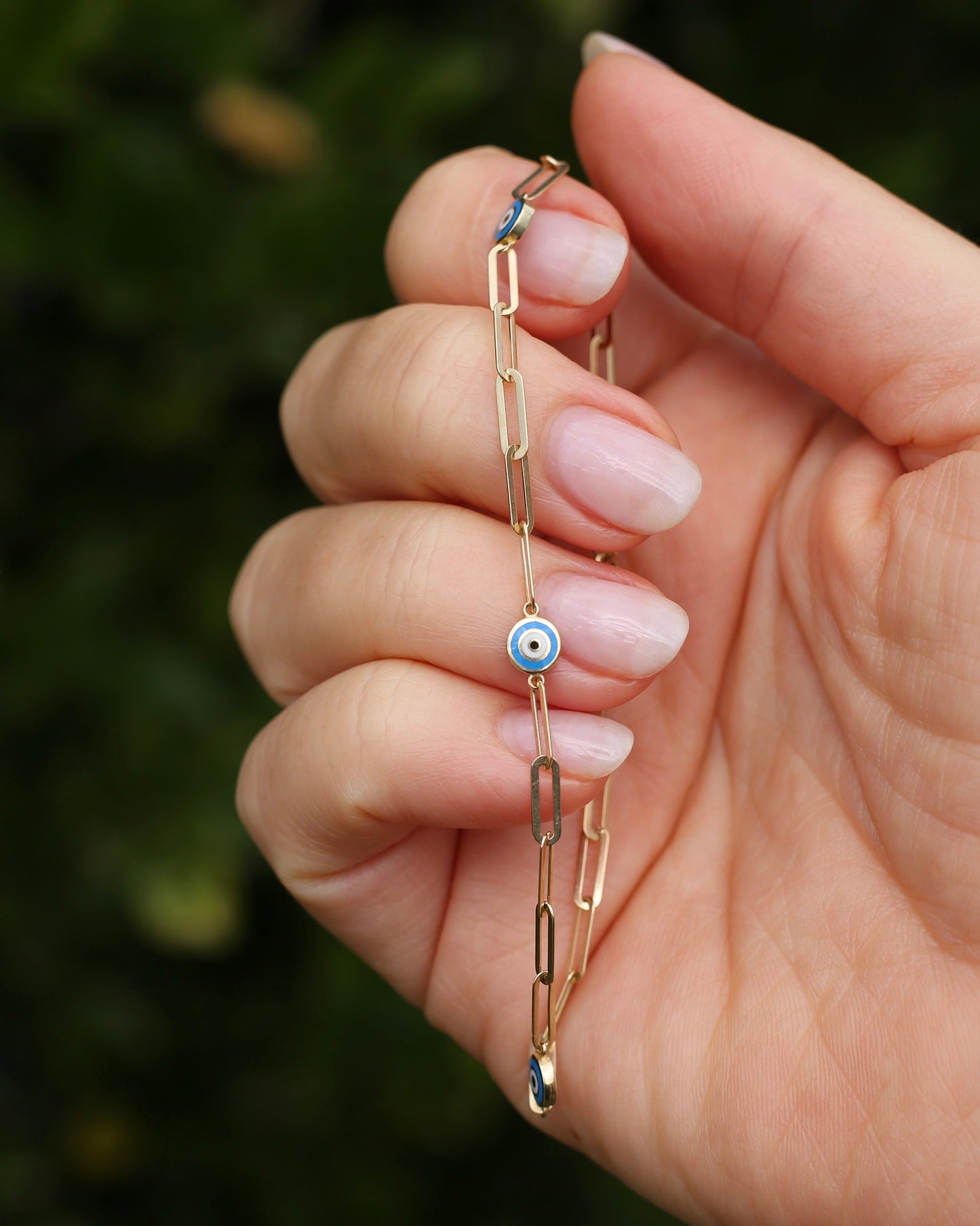 Delicate Paperclip and Enamel Evil Eye Bracelet, 9ct Yellow Gold, 19.5cm or 7.75inches