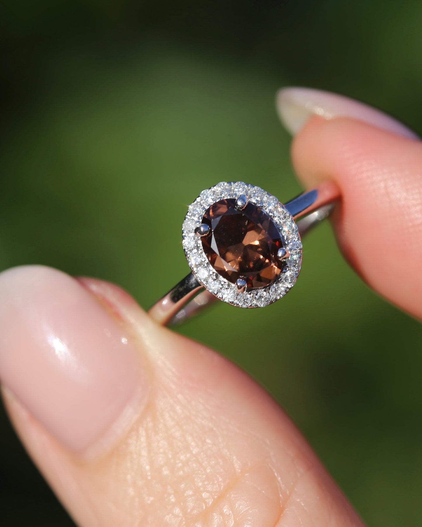 1.82ct Chocolate Australian Zircon with Diamond Halo, 14ct White Gold, size N or 6.75, 3.34g