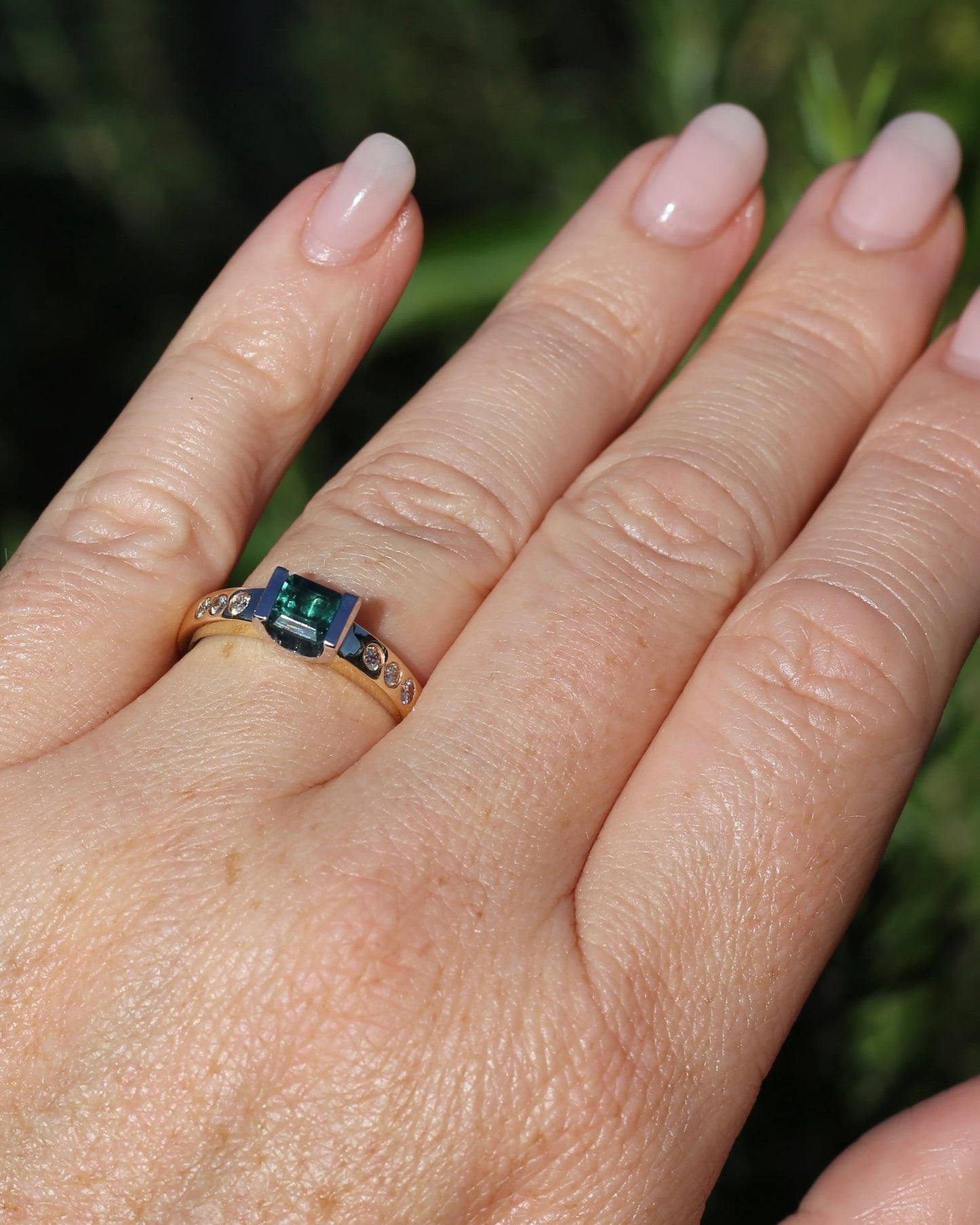 Vintage Chunky East West Set Semi Bezel Tourmaline and Flush Set Diamonds, 9ct Yellow and White Gold, size 9 or S, 4.37g