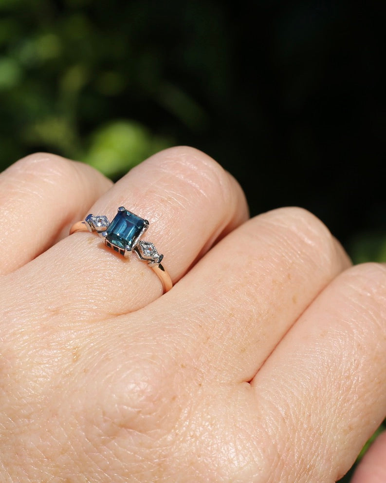 1.09ct Emerald Cut Teal Australian Sapphire With Diamonds in Vintage Trilogy Setting, 9ct Yellow and White Gold, size N1/2 or 6.75, 2.05g