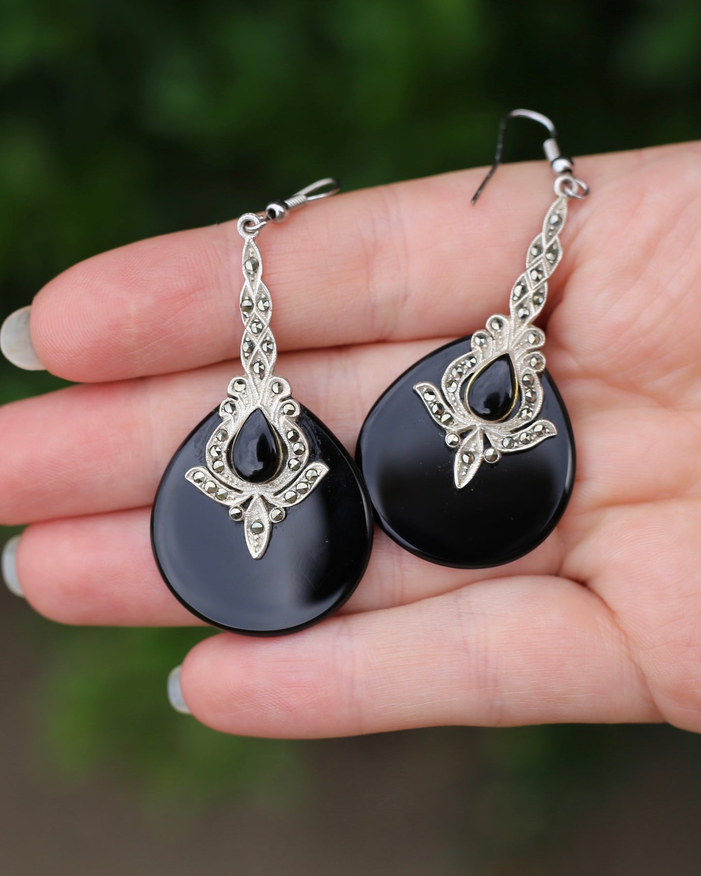 Vintage Onyx and Marcasite Silver Earrings, 13.8g