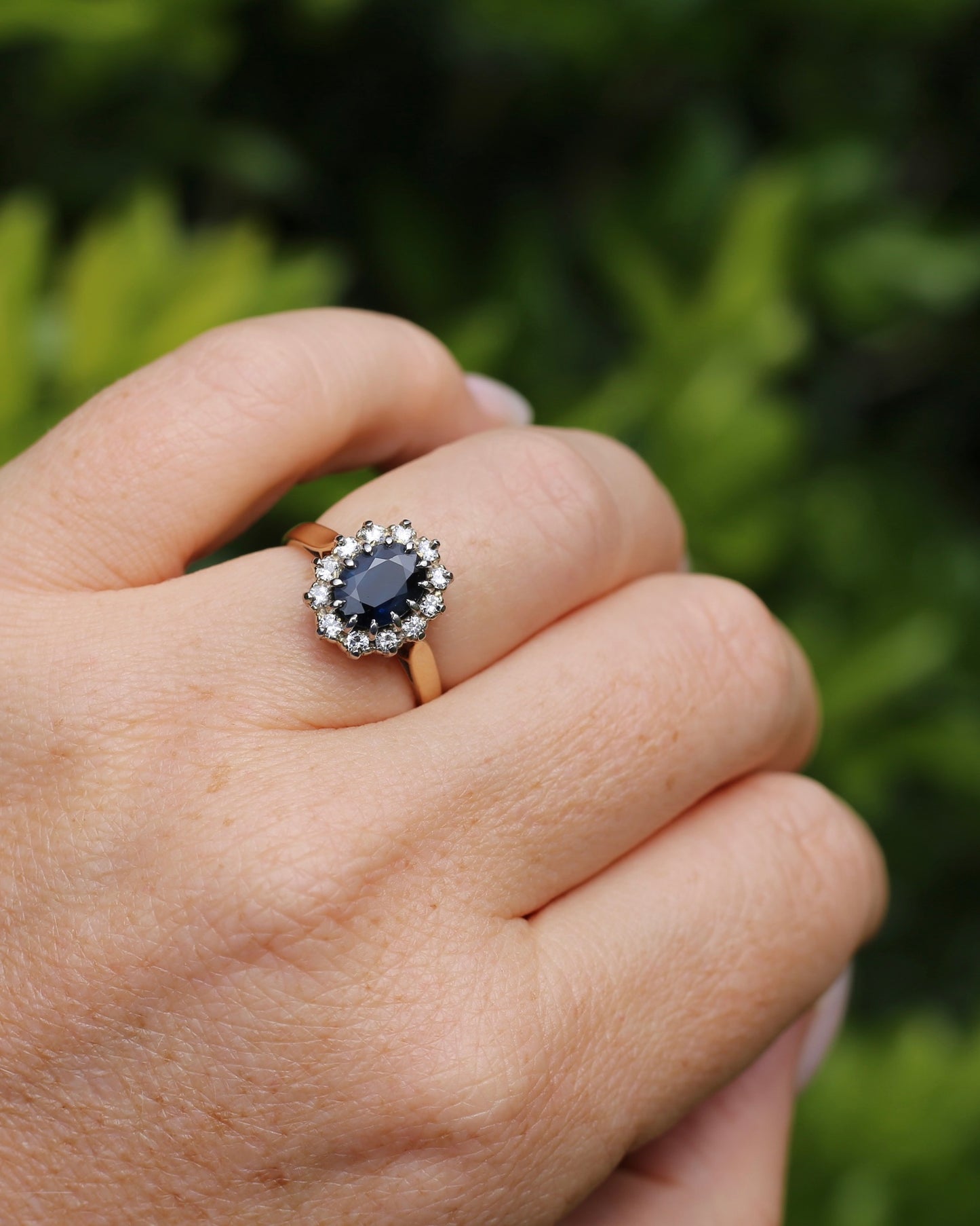 Vintage Natural Sapphire and Diamond Halo, 9ct Yellow and White Gold, size N1/2 or 7