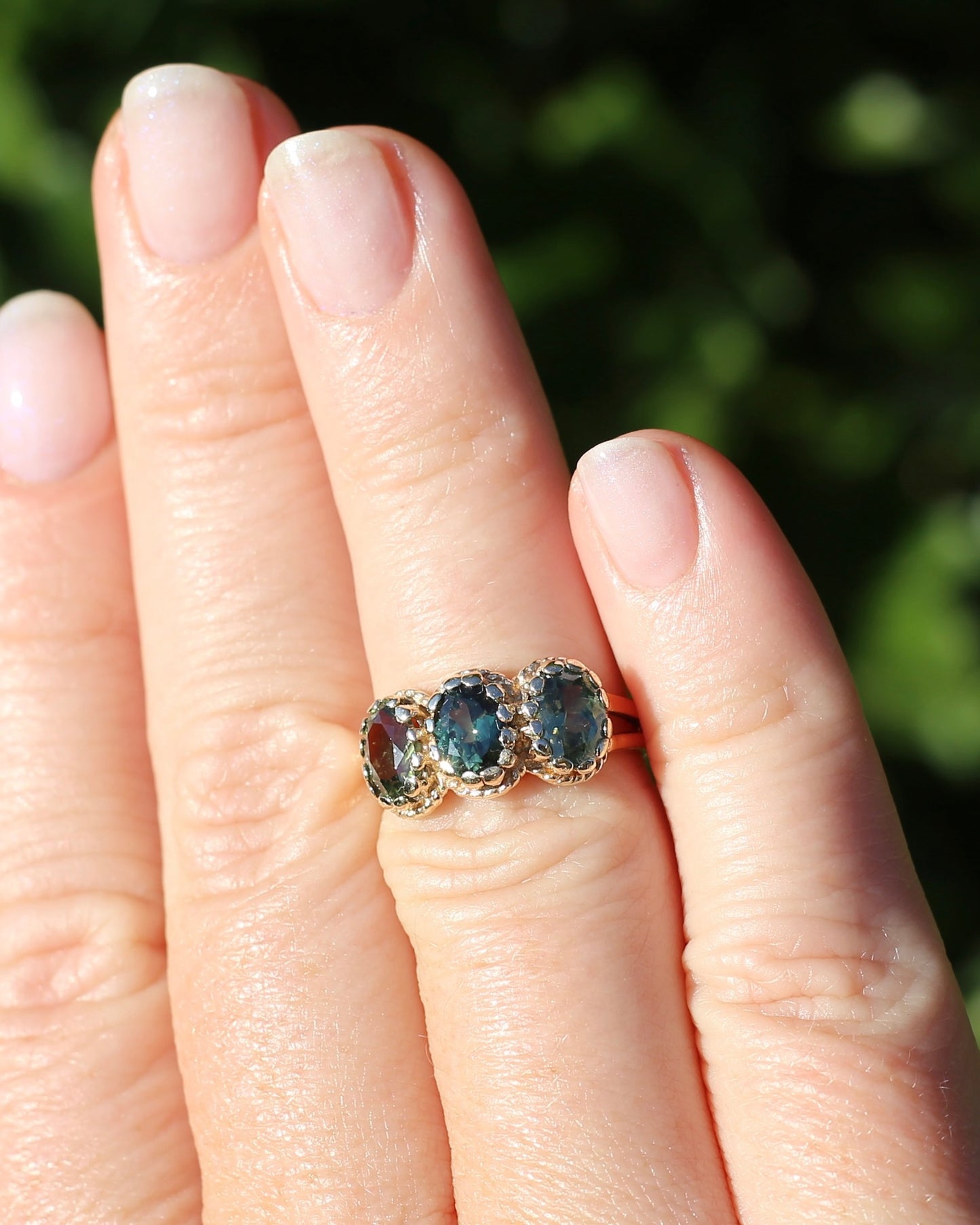 3ct Green Parti Sapphire Claw Set Vintage Ring, 9ct Yellow Gold, size 6 or L1/2
