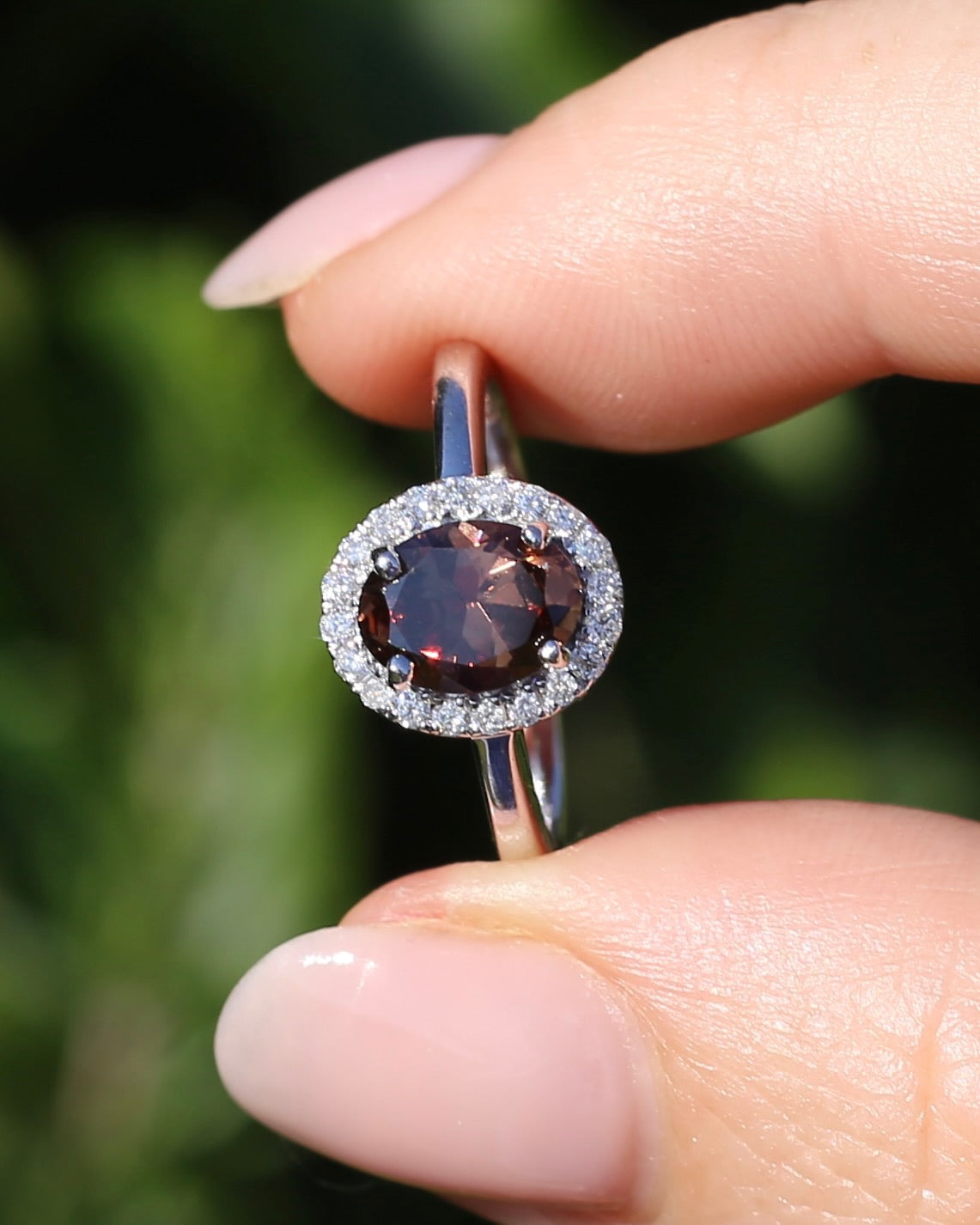 1.82ct Chocolate Australian Zircon with Diamond Halo, 14ct White Gold, size N or 6.75, 3.34g