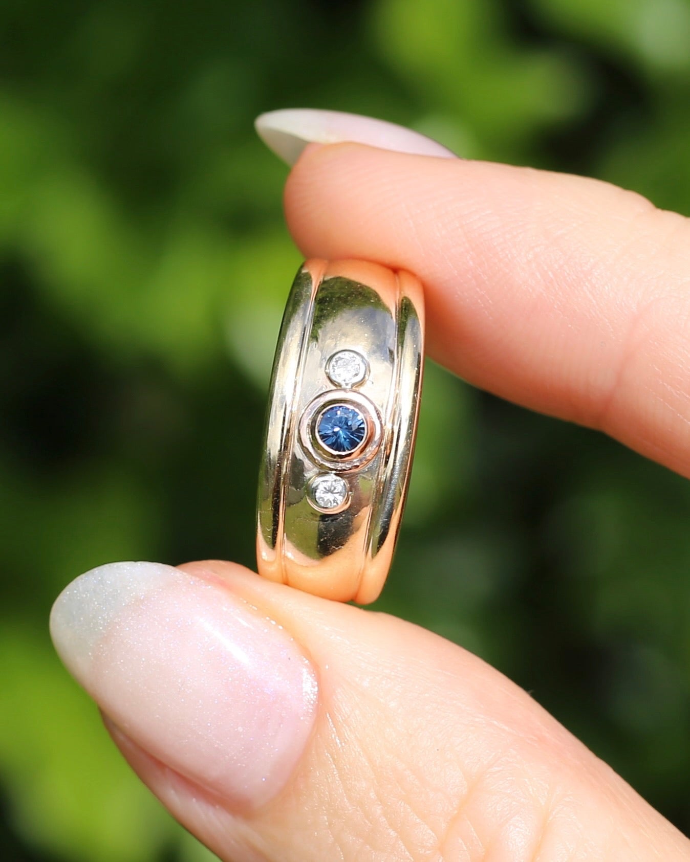 Bezel Set Parti Sapphire and Diamond Trilogy, Chunky Yellow Gold, size O1/2 or 7.5 (will fit smaller due to width)