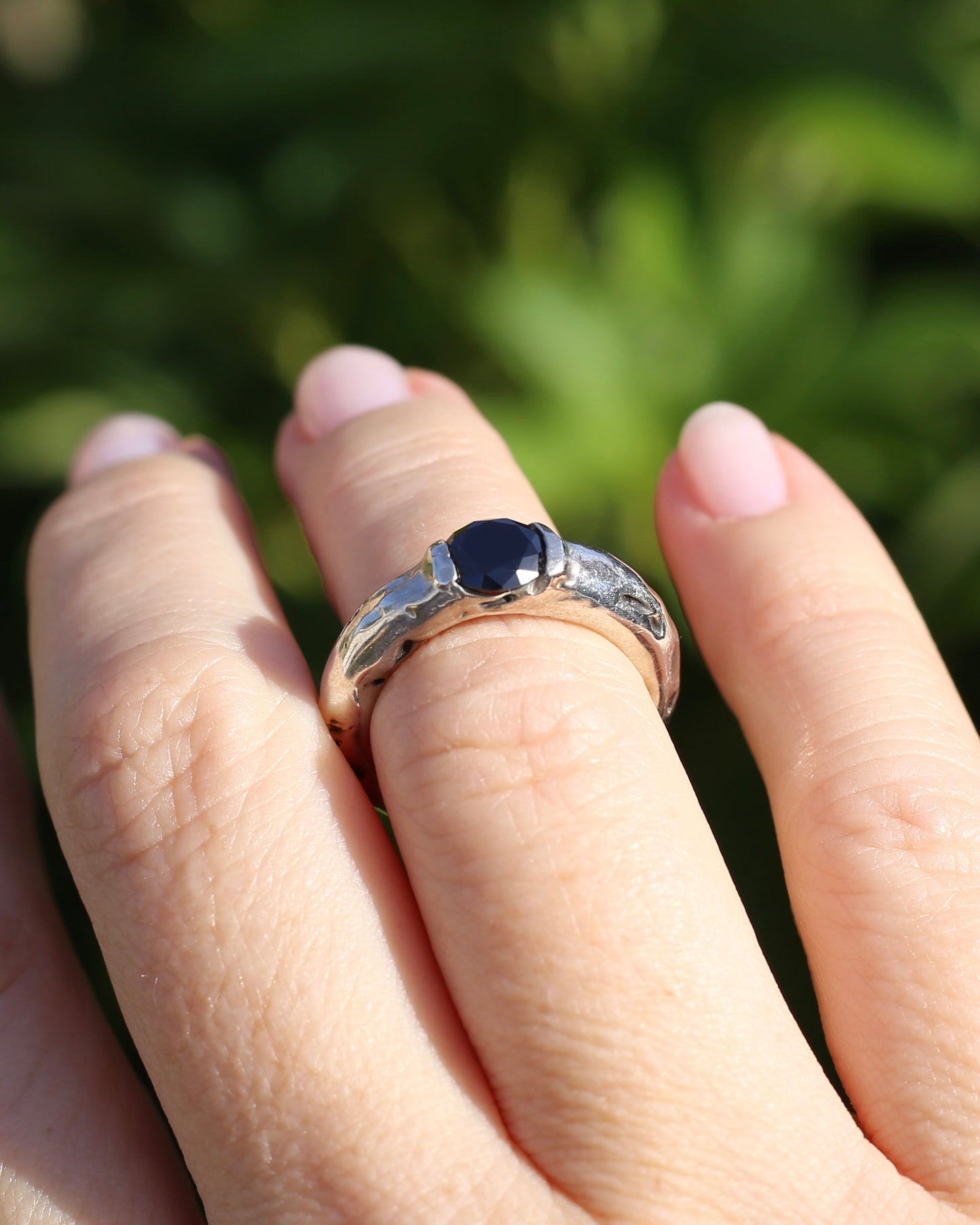 Rustic Handmade Chunky Silver Ring with Black Glass Round Brilliant Semi Bezel Set Stone, size L or 5.75