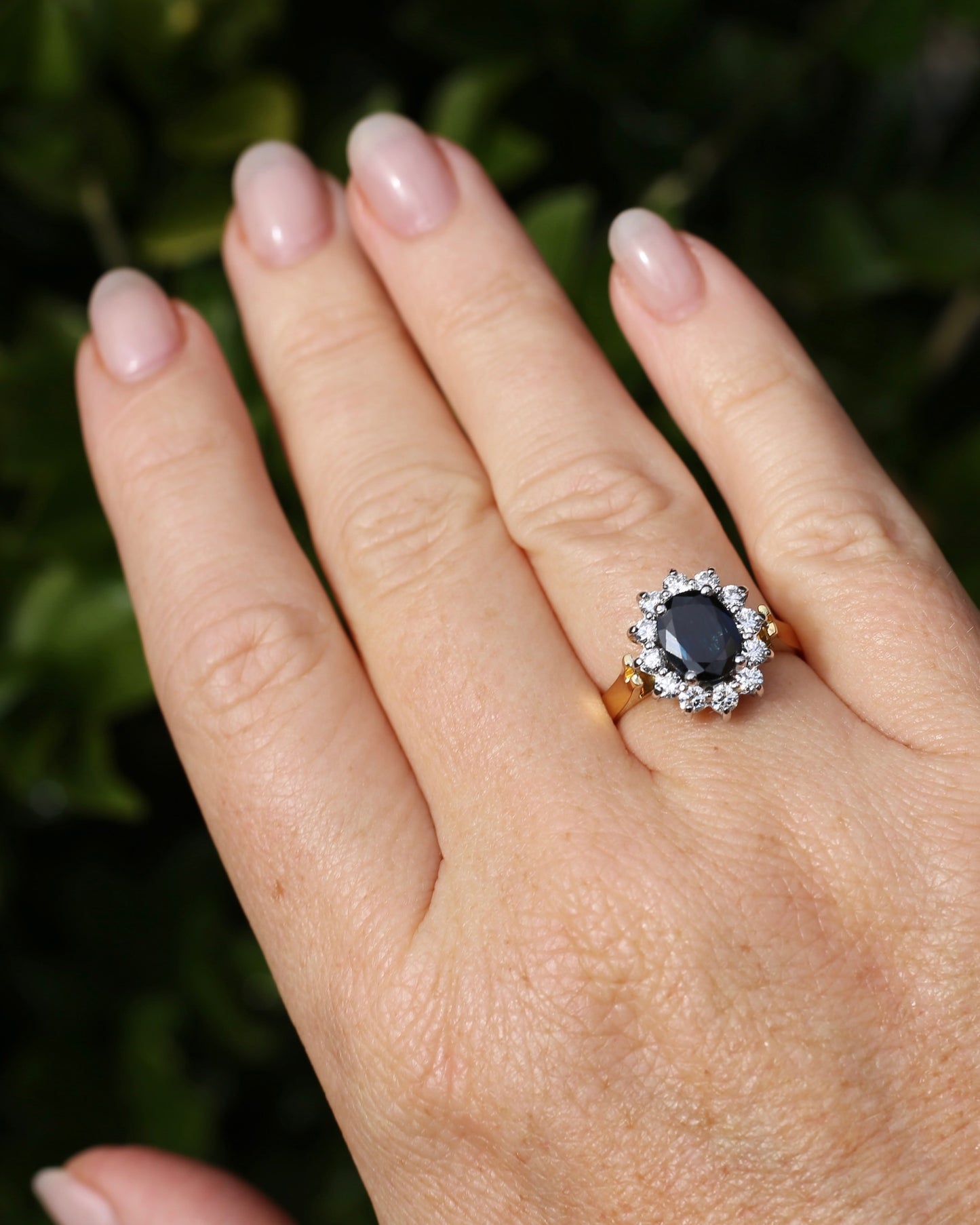 Vintage c1980s Diana Halo, Natural Sapphire and Diamond Halo, 18ct Yellow and White Gold, size P or 7.75 with valuation