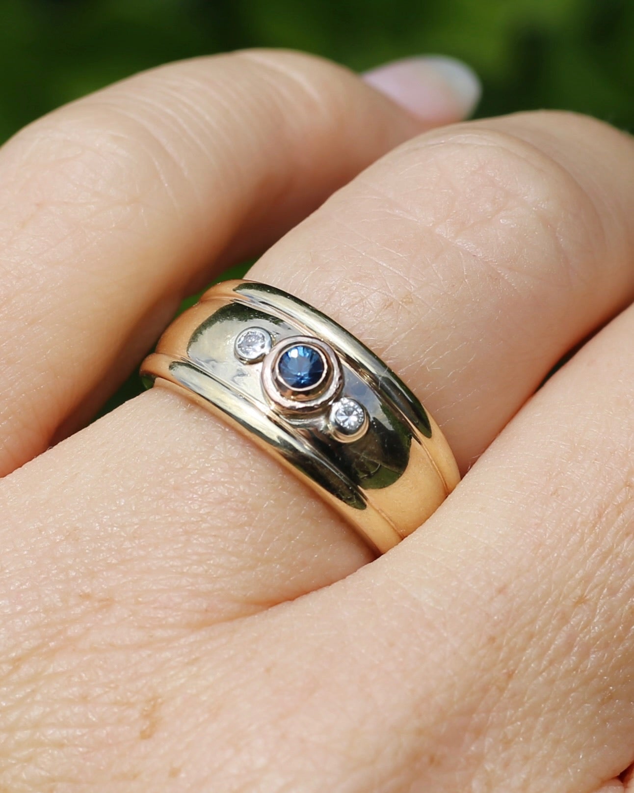Bezel Set Parti Sapphire and Diamond Trilogy, Chunky Yellow Gold, size O1/2 or 7.5 (will fit smaller due to width)