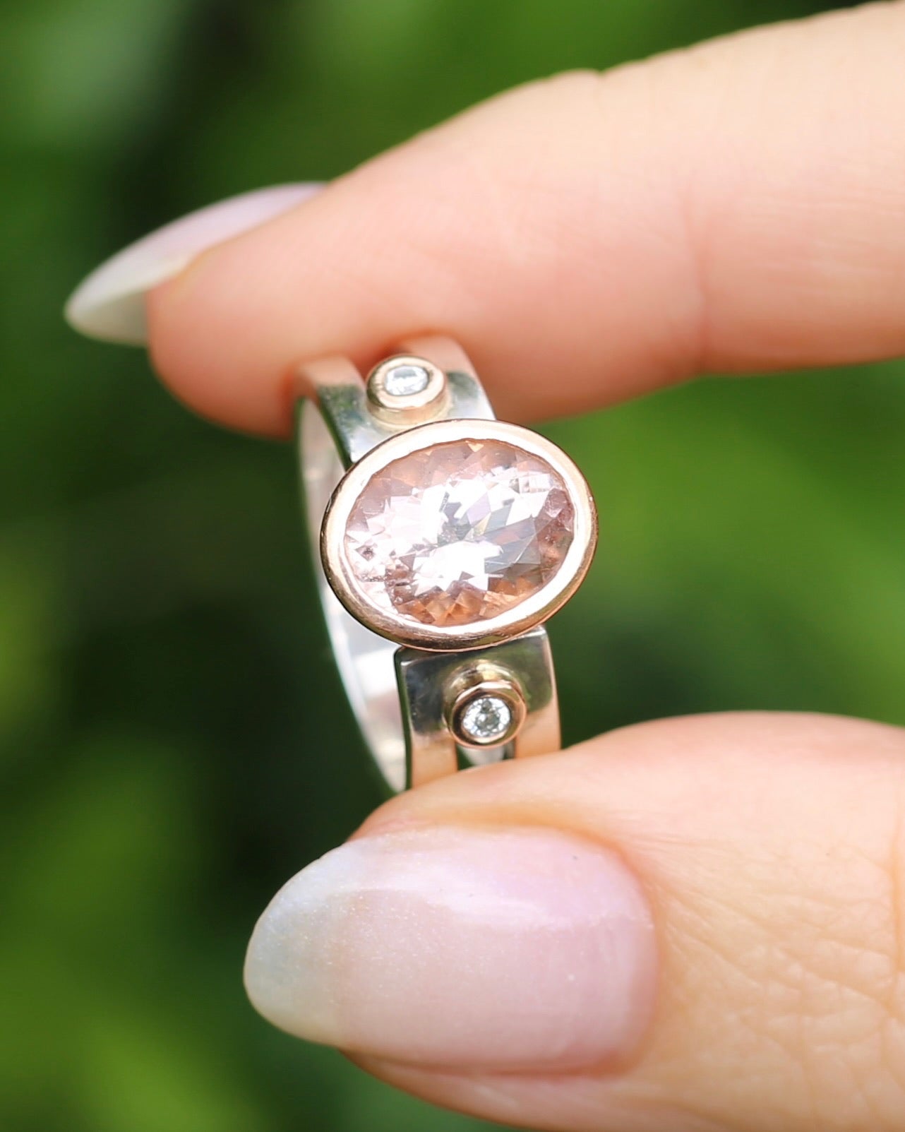 Chunky Bezel Set Morganite and Diamond Ring, 9ct Rose Gold and Silver, size P or 7.5 (fits smaller)