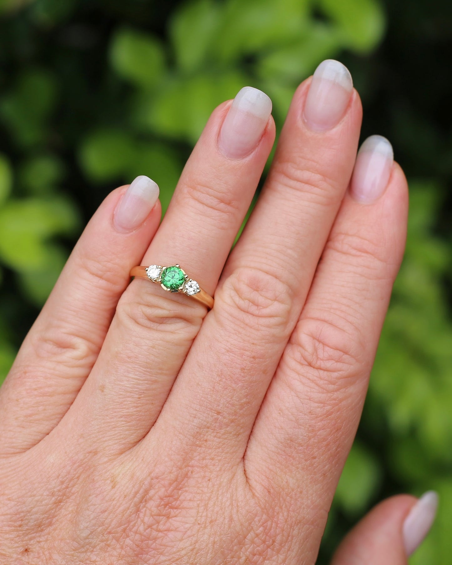 East African Tsavorite Garnet and Diamond Trilogy Ring, 18ct Yellow Gold, size K or 5.5 with valuation