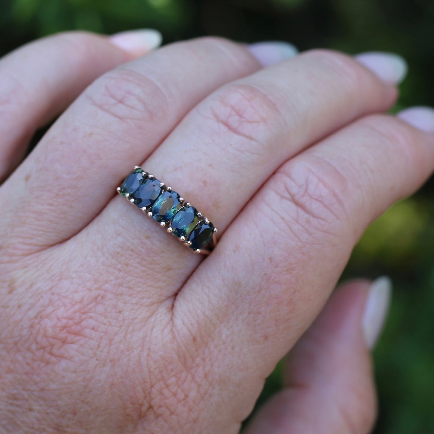 3 Carat Five Stone Parti Sapphire Ring, 9ct Yellow Gold, size R1/2 or nearly 9, with valuation