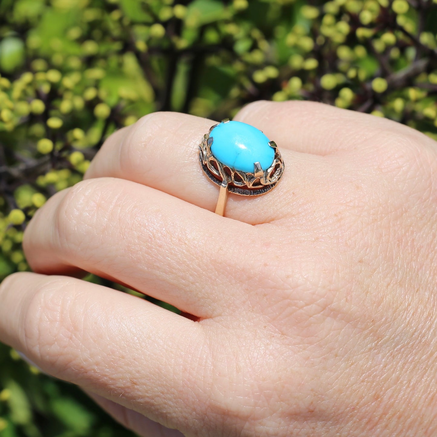 Vintage Hand Carved Filigree and Natural Turquoise Cabochon Ring, 9ct Yellow Gold, size 7.5 or O1/2