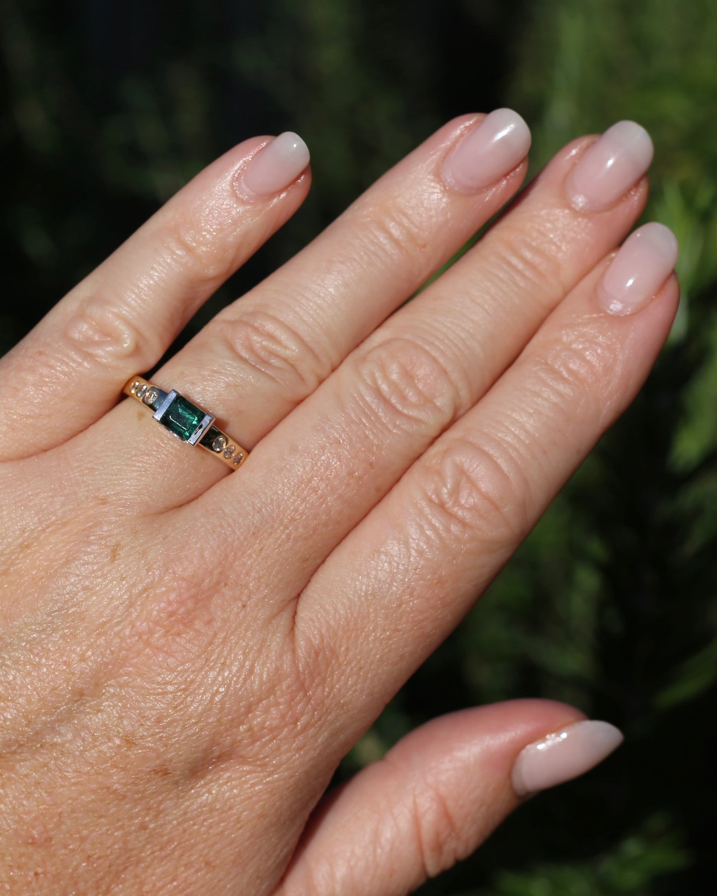 Vintage Chunky East West Set Semi Bezel Tourmaline and Flush Set Diamonds, 9ct Yellow and White Gold, size 9 or S, 4.37g