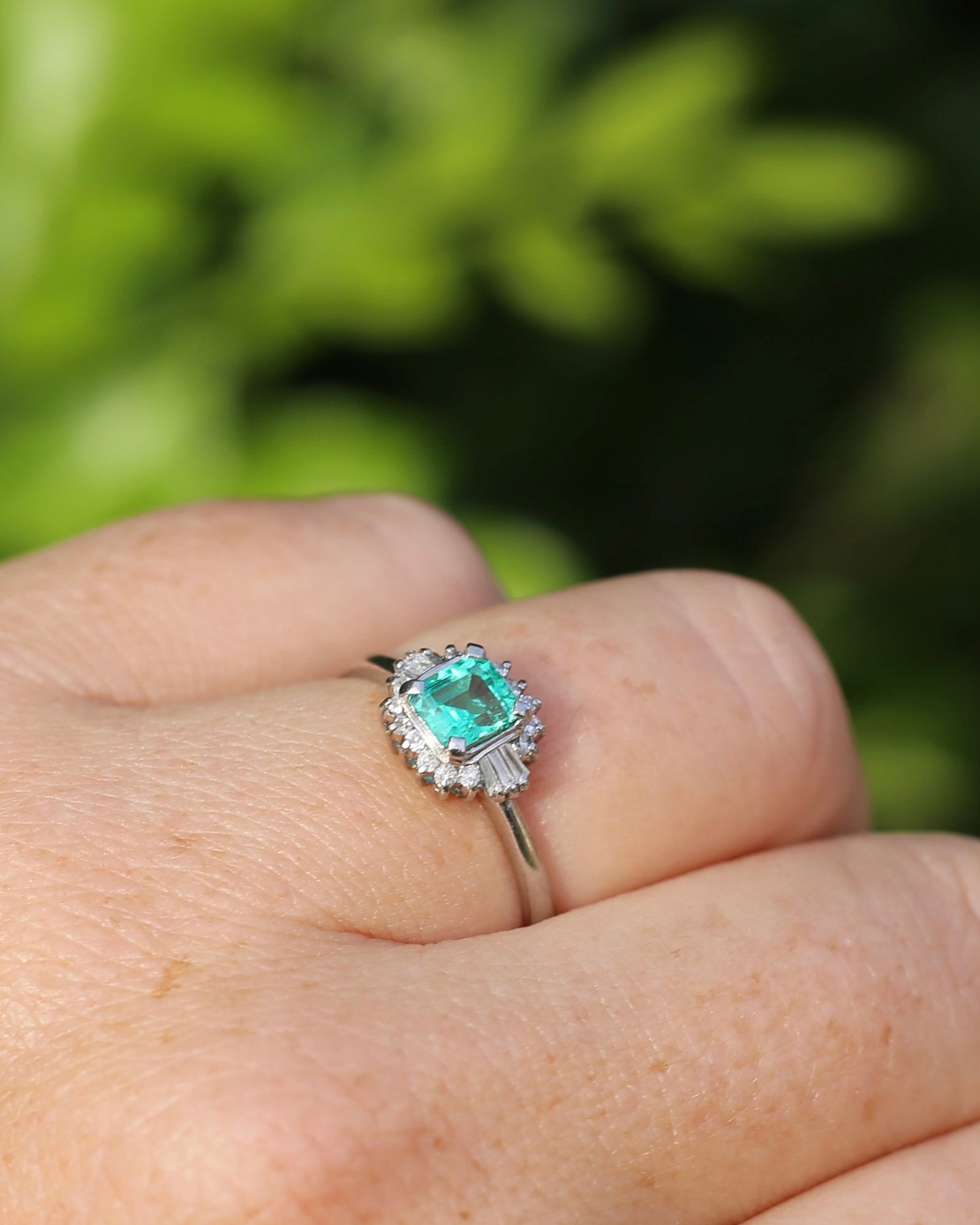 Natural Square Step Cut Emerald and Diamond Baguette Ballerina Skirt, Platinum Ring, size O or 7.25