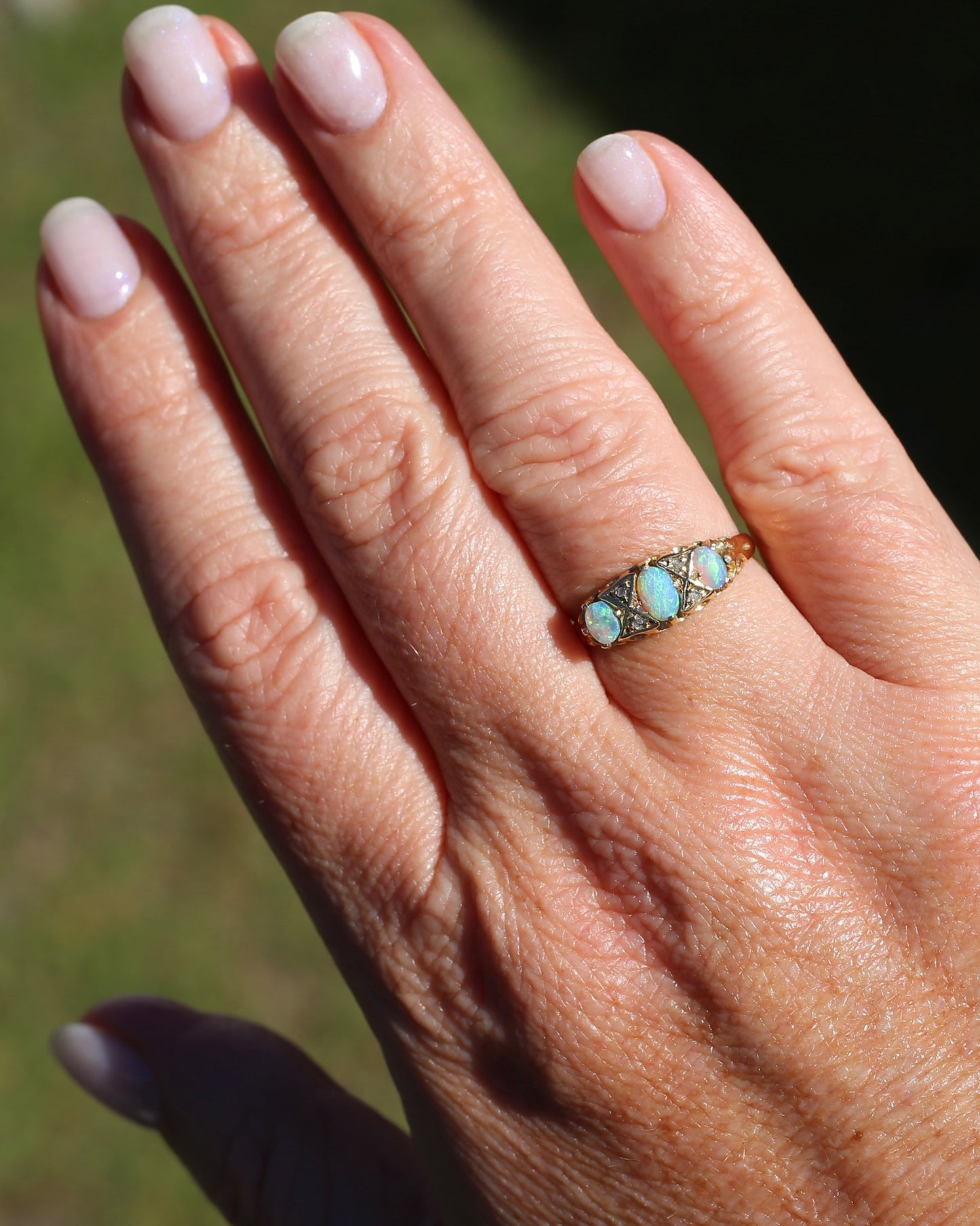 ON HOLD Antique 1907 Opal and Rose Cut Diamond Bridges Ring, 18ct Yellow Gold, size 8 or Q