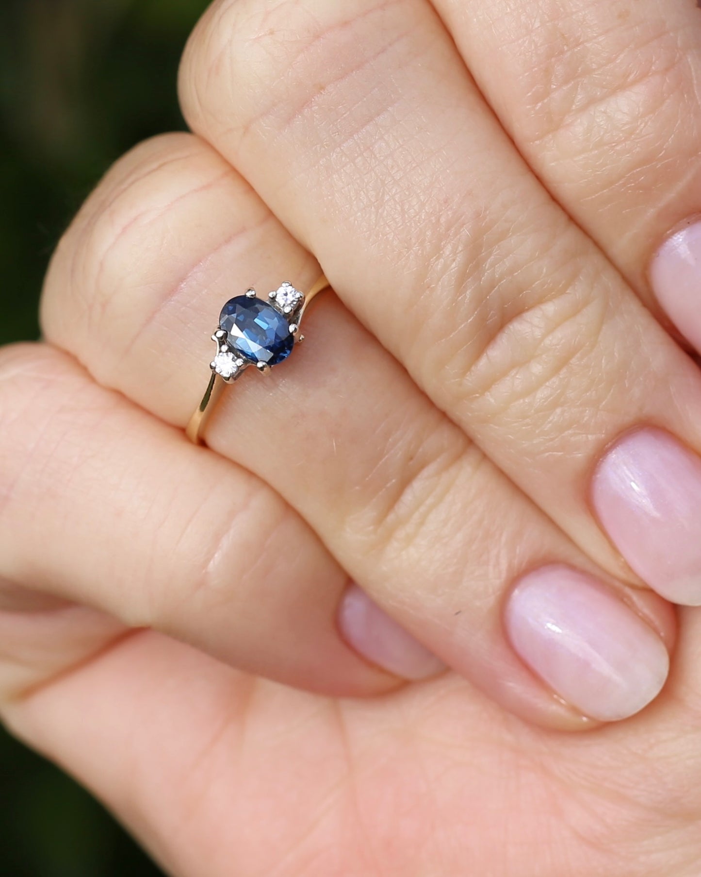 Vintage Natural Sapphire and Diamond Trilogy, 9ct Yellow and White Gold, size J or 4.75
