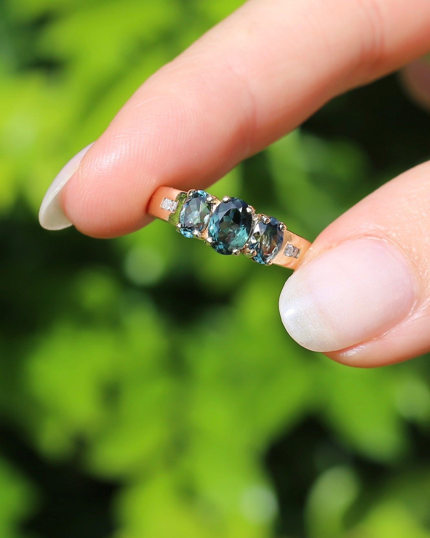 2.1ct Parti Sapphire Trilogy with Channel Set Diamonds, in Vintage 9ct Yellow Gold Ring, size O or 7.25