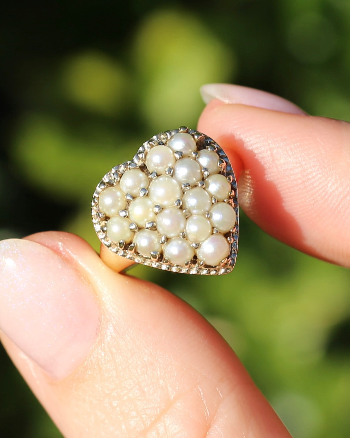 Vintage Heart Pearl Cluster Ring, 10ct Yellow Gold, size K or 5.25