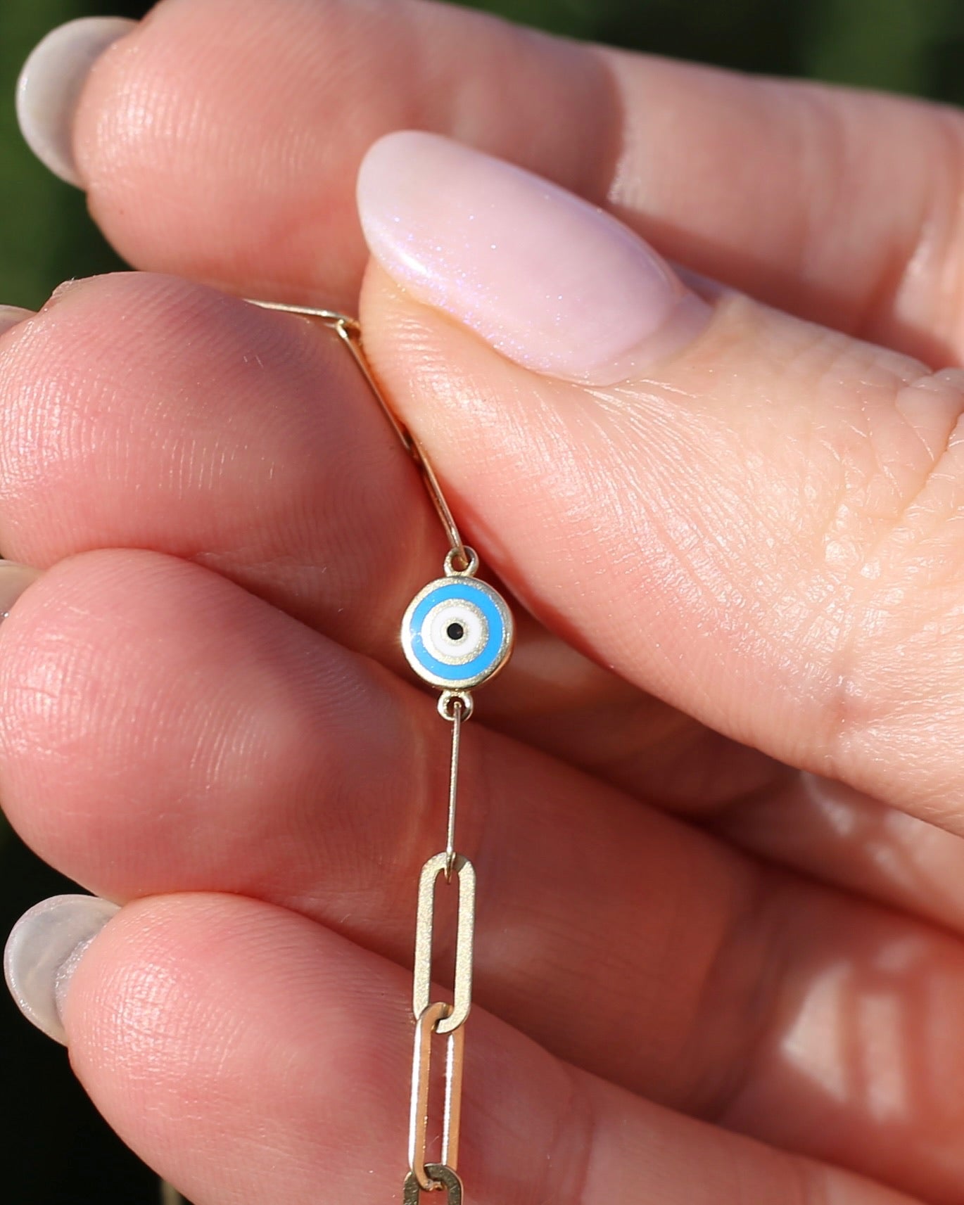 Delicate Paperclip and Enamel Evil Eye Bracelet, 9ct Yellow Gold, 19.5cm or 7.75inches