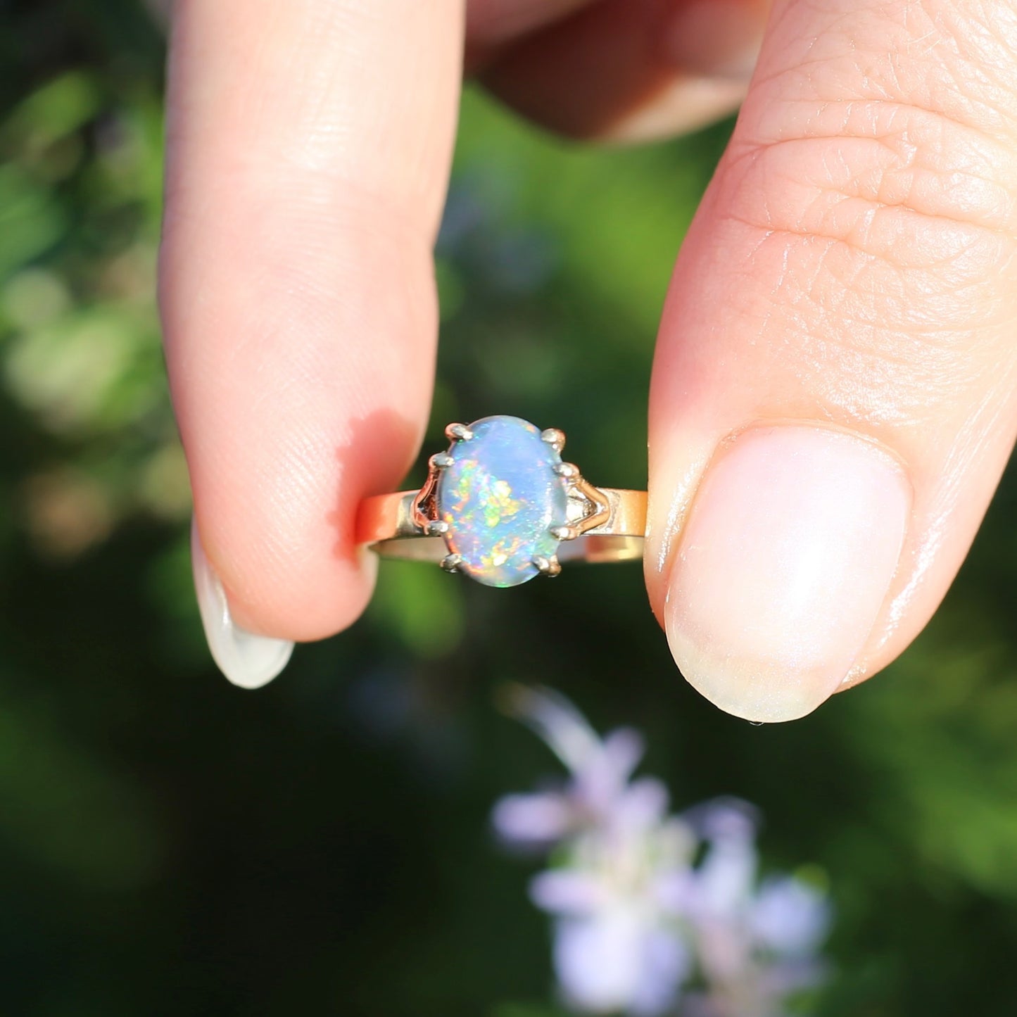 Vintage Solid Grey Opal with Amazing Colour Play in Double Set Claws, 9ct Yellow Gold, size Q or 8