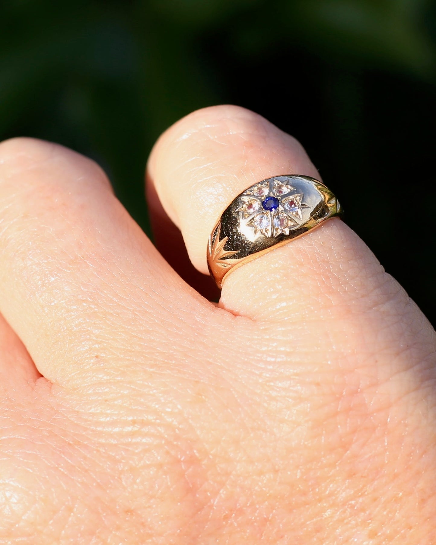 Vintage 1994 Birmingham Made Sapphire and White Stone Floral Cluster in Domed Ring, 9ct Yellow Gold, size J1/2 or 5