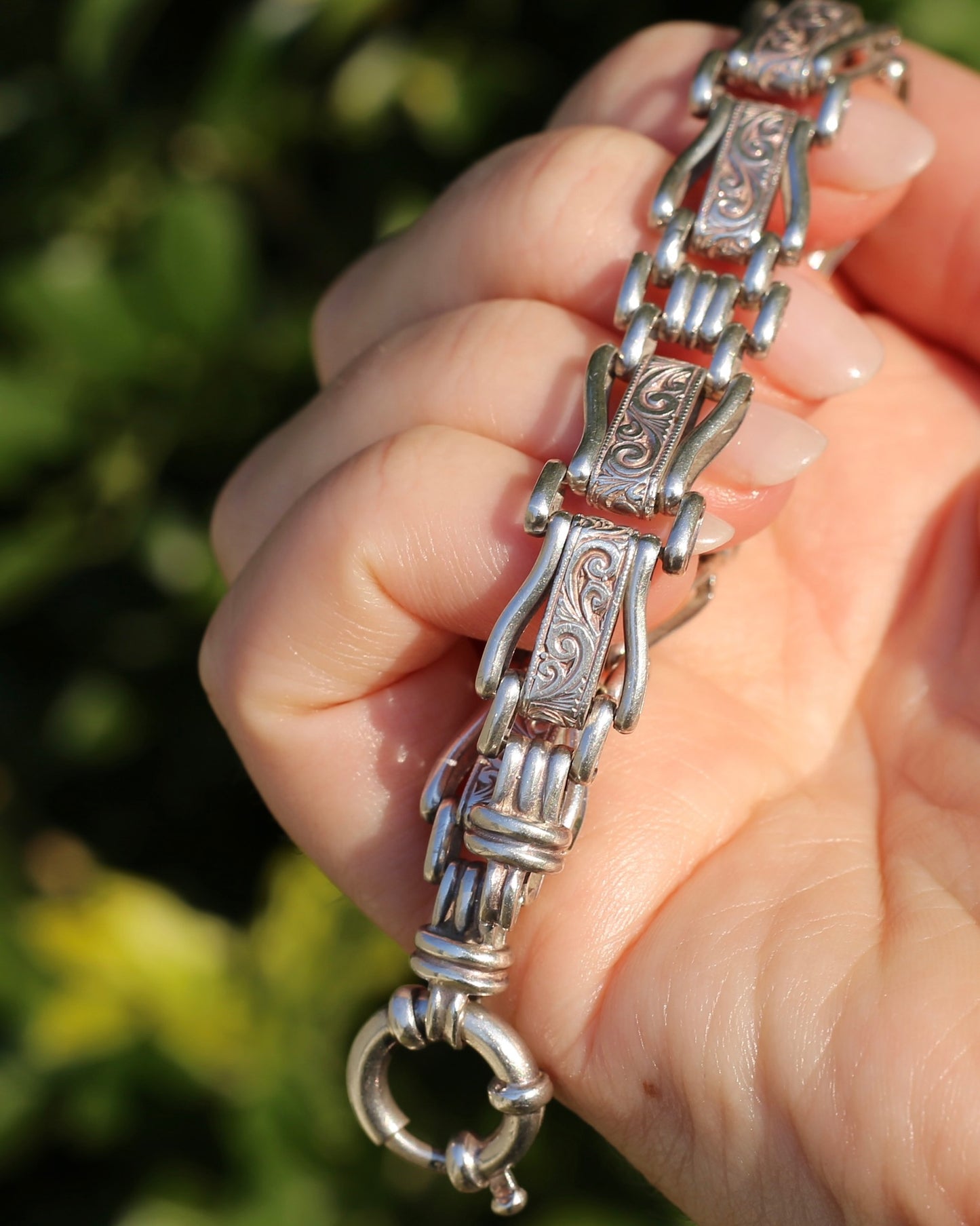 Fancy Link Engraved Bracelet, Sterling Silver, With Italian Bolt Clasp, 24.3g, 19cm