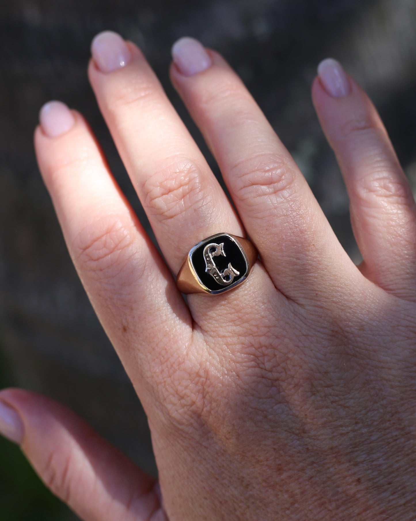 Vintage "C" Onyx Signet Ring, Bezel Set, Older Rosey Gold, size 9.5 or T