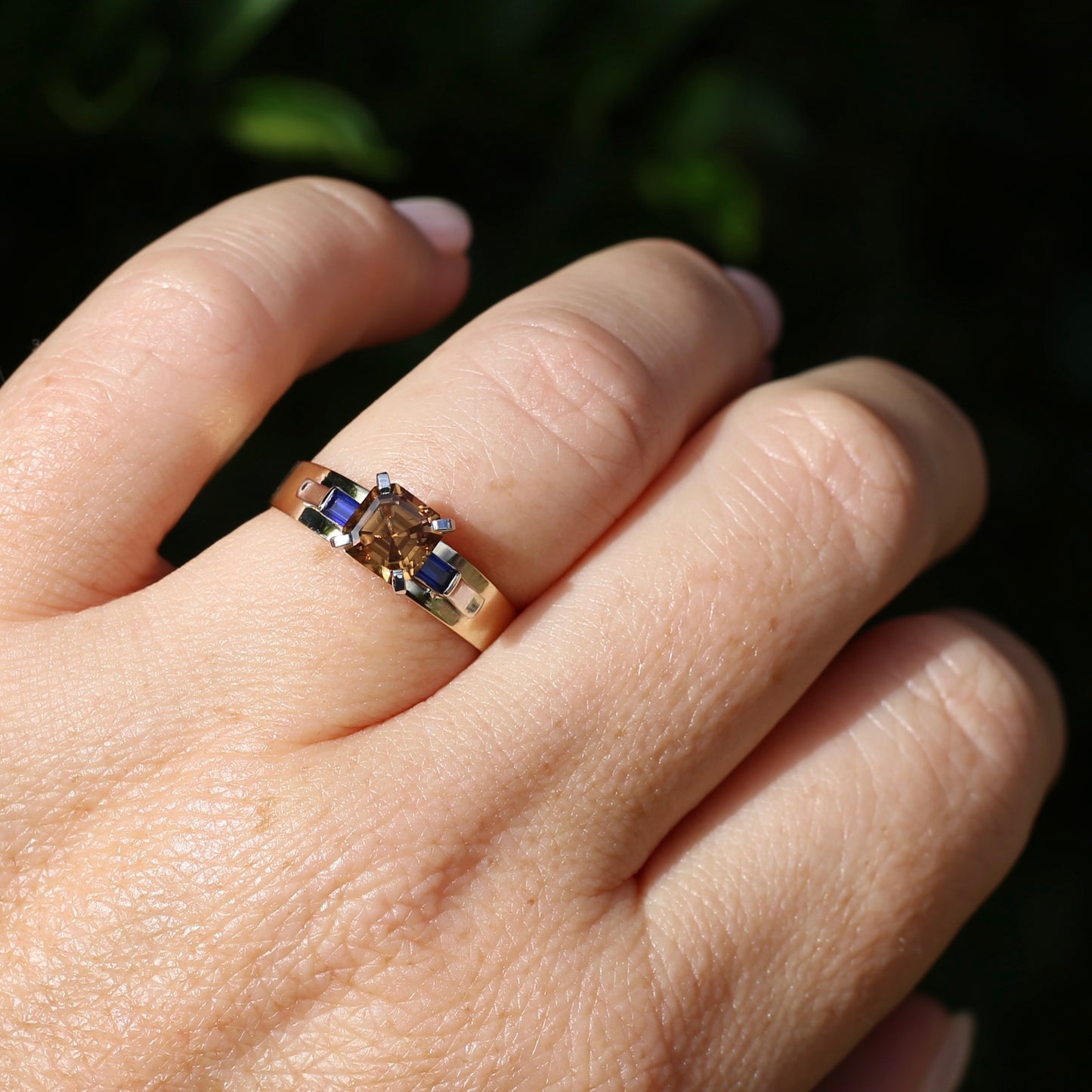 1.74ct Asscher Cut Cognac Zircon with Baguette Synthetic Sapphires in Mixed White and Yellow Gold 9ct Ring, size 8.75 or just over R