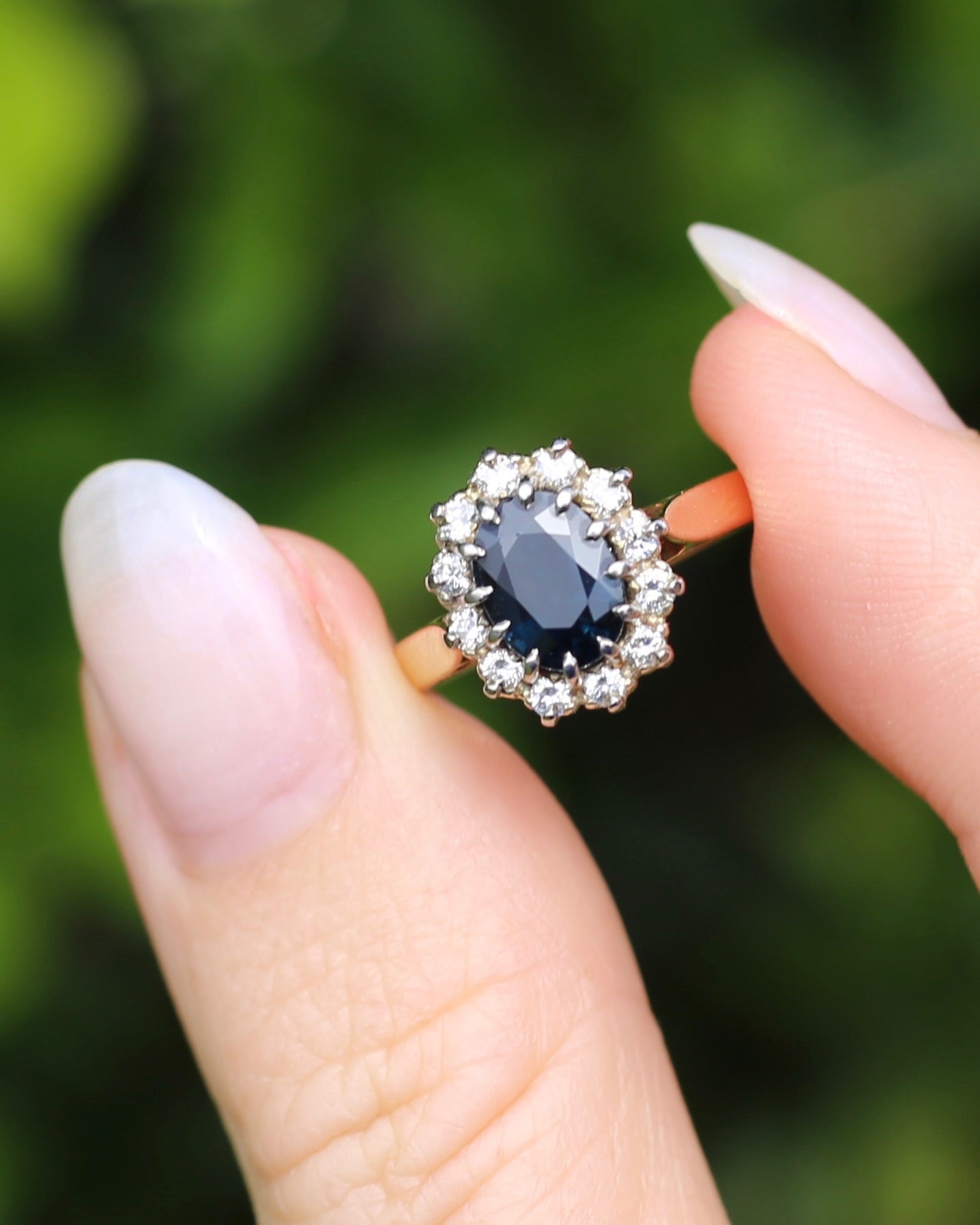 Vintage Natural Sapphire and Diamond Halo, 9ct Yellow and White Gold, size N1/2 or 7