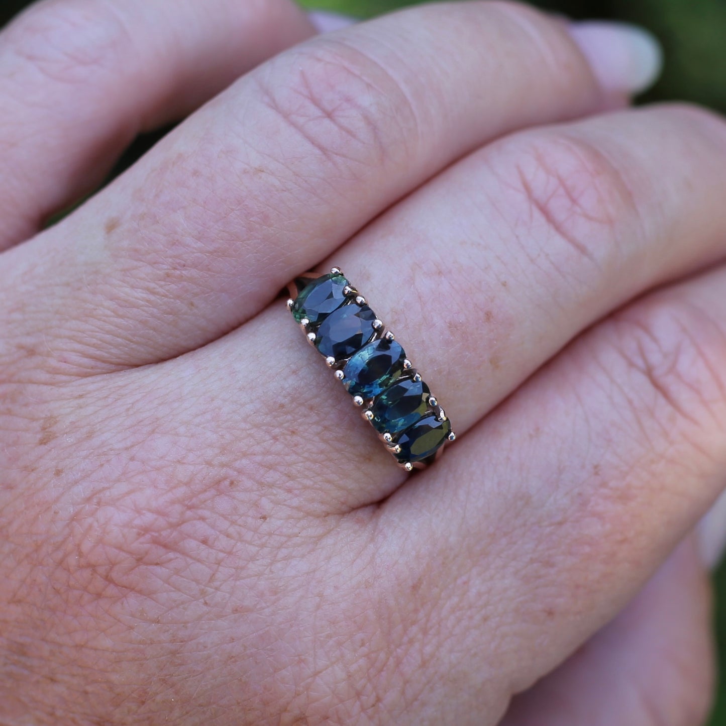 3 Carat Five Stone Parti Sapphire Ring, 9ct Yellow Gold, size R1/2 or nearly 9, with valuation