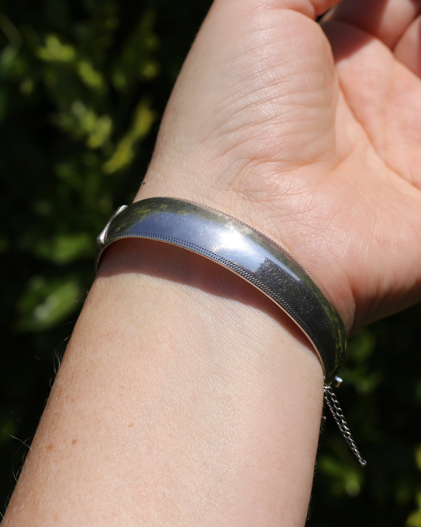 Vintage Hinged Engraved Silver Semi Hollow Bangle, Sterling Silver, 19.2g